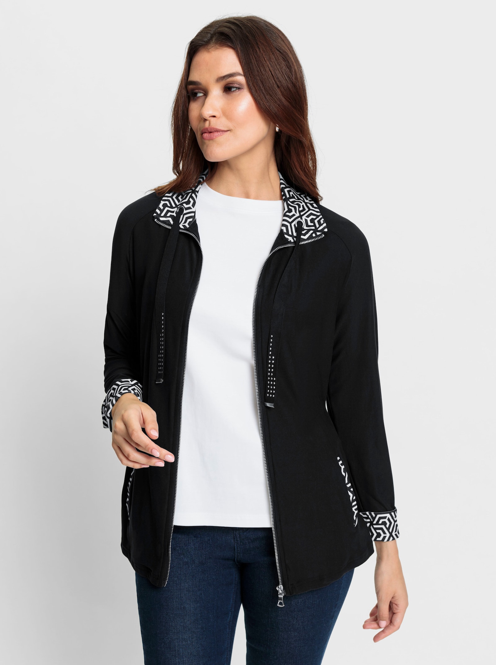 Shirtjacke mit grafisch bedruckten Blenden - schwarz