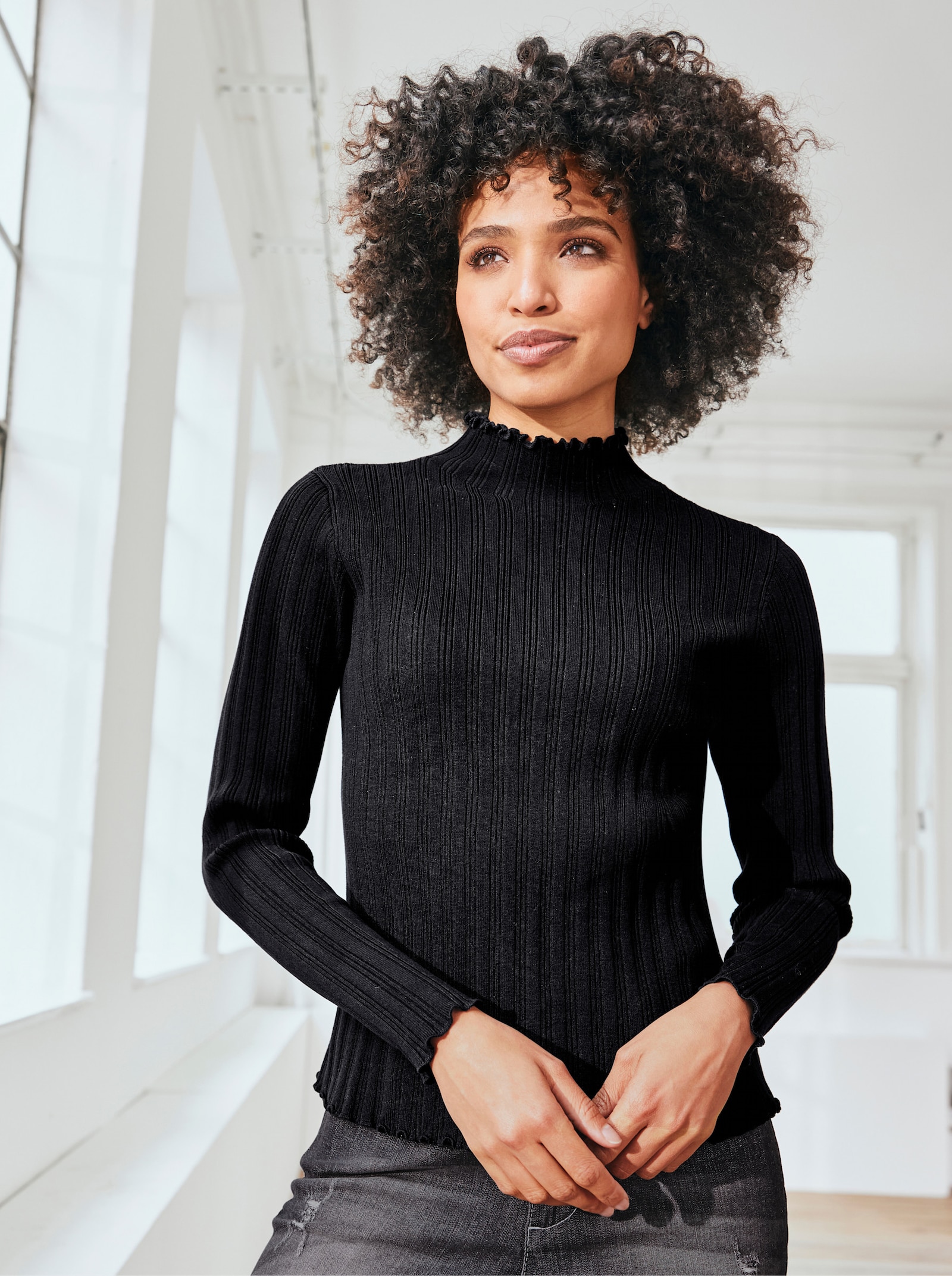 heine Pullover met opstaande kraag en ribtricot - zwart
