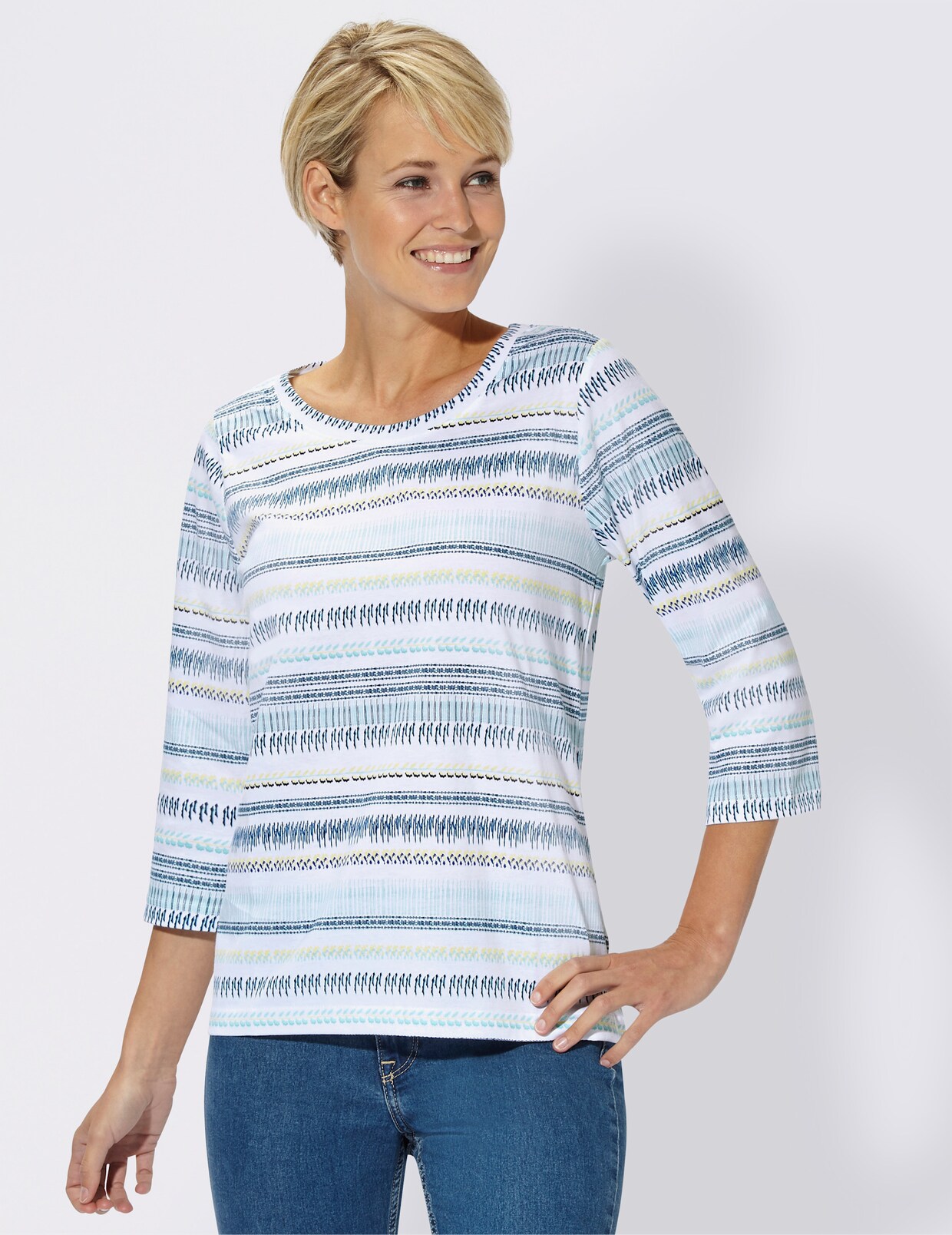3/4-Arm-Shirt - weiss-marine-gemustert