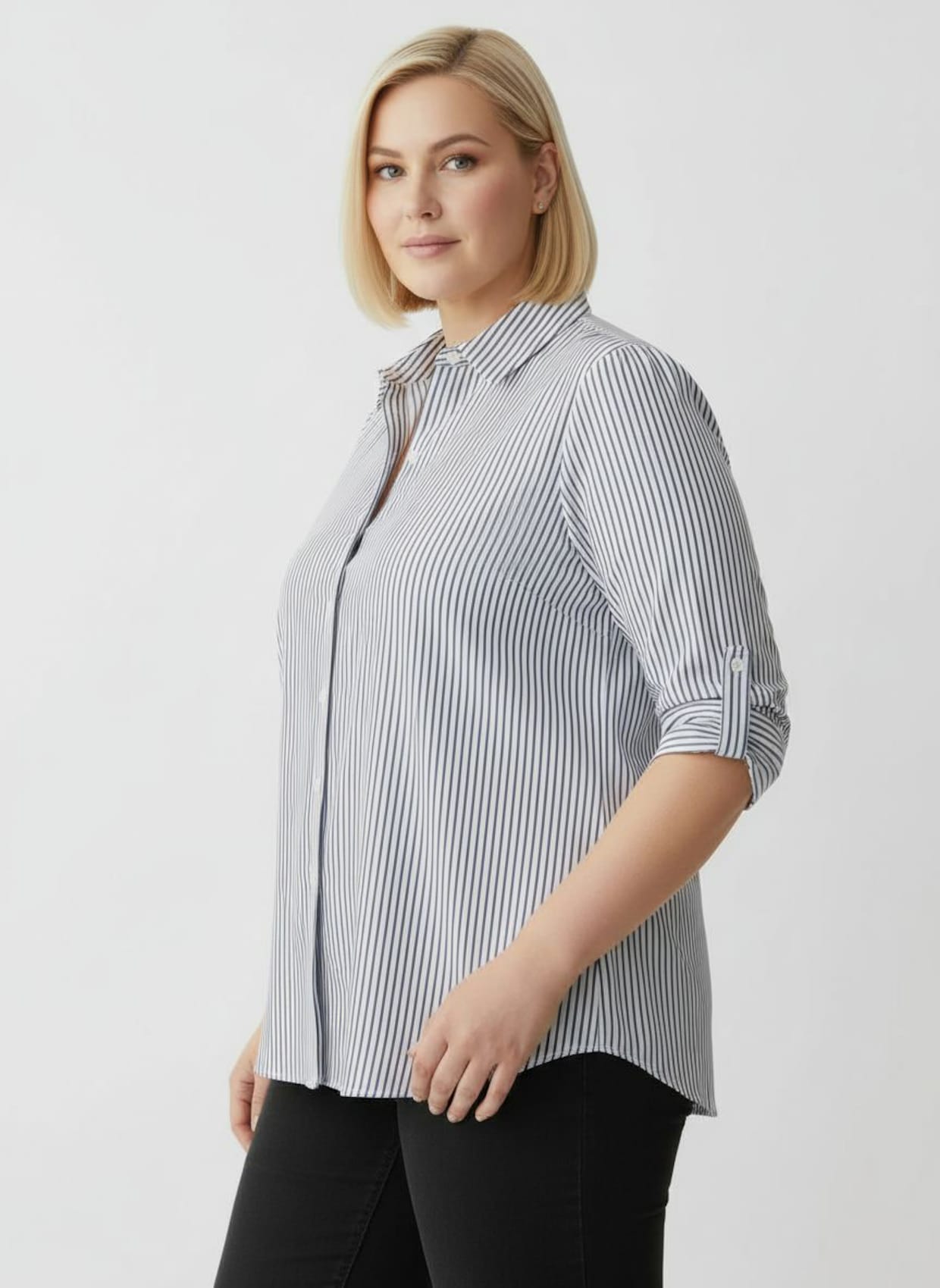 Gestreifte Bluse mit längenregulierbaren Ärmeln - marine-ecru-gestreift