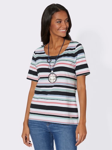 Kurzarmshirt mit geradem Saum - marine-geringelt