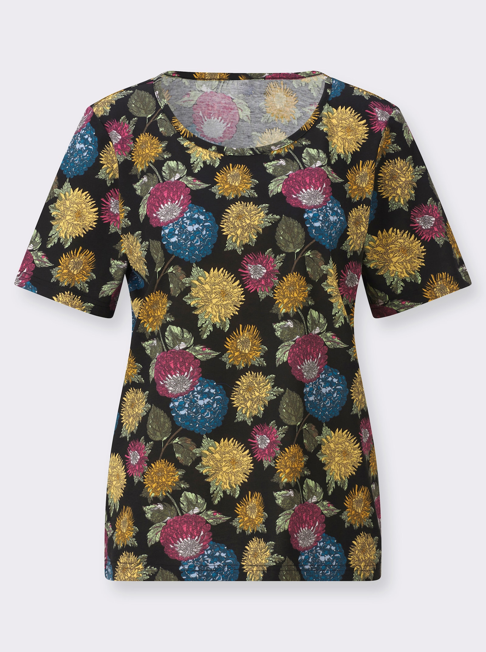 Print-Shirt mit floralem Muster - schwarz-gelb-bedruckt