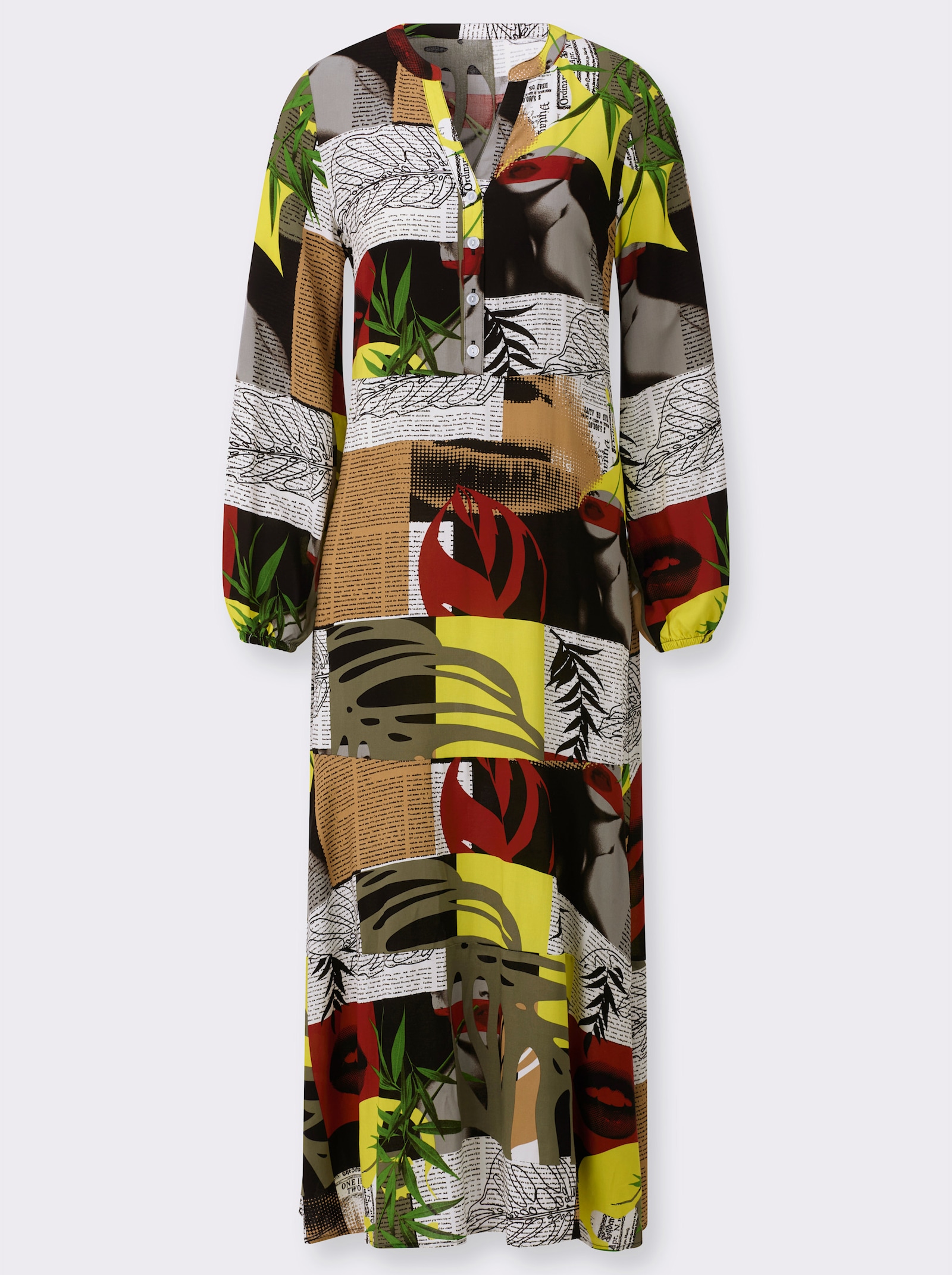 Druckkleid in leichter A.Linie - schwarz-camel-bedruckt