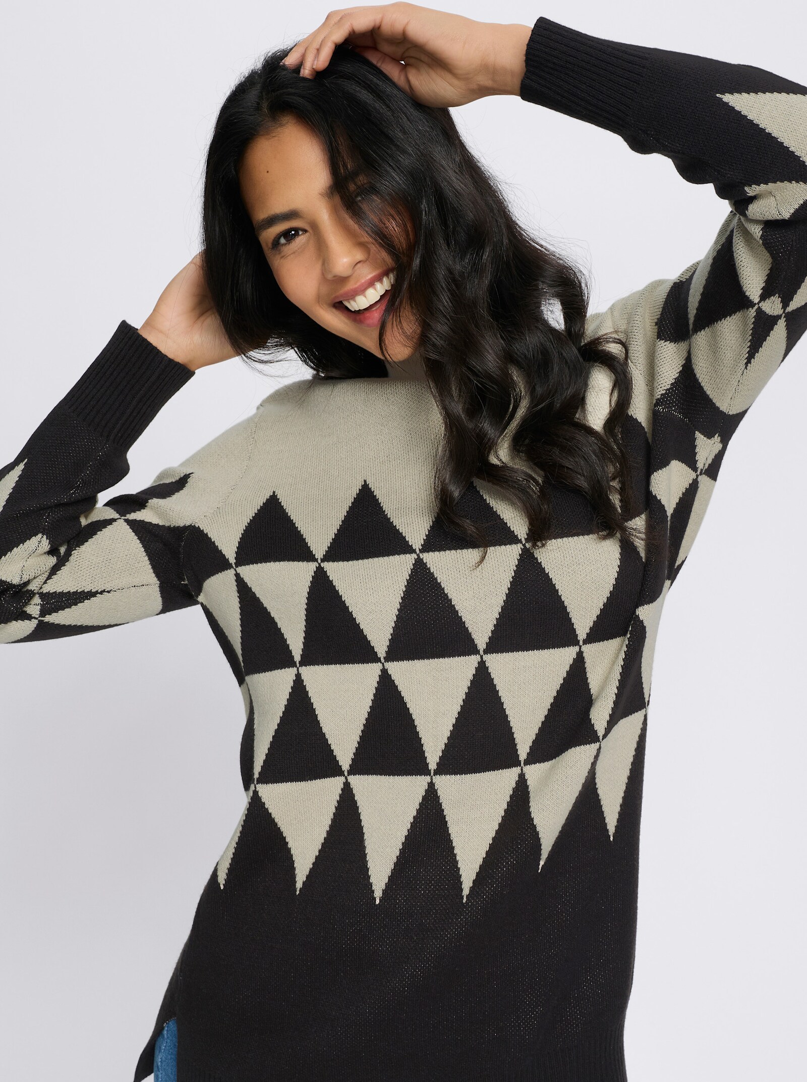 Longpullover mit grafischem Jacquardmuster - sand-schwarz-gemustert