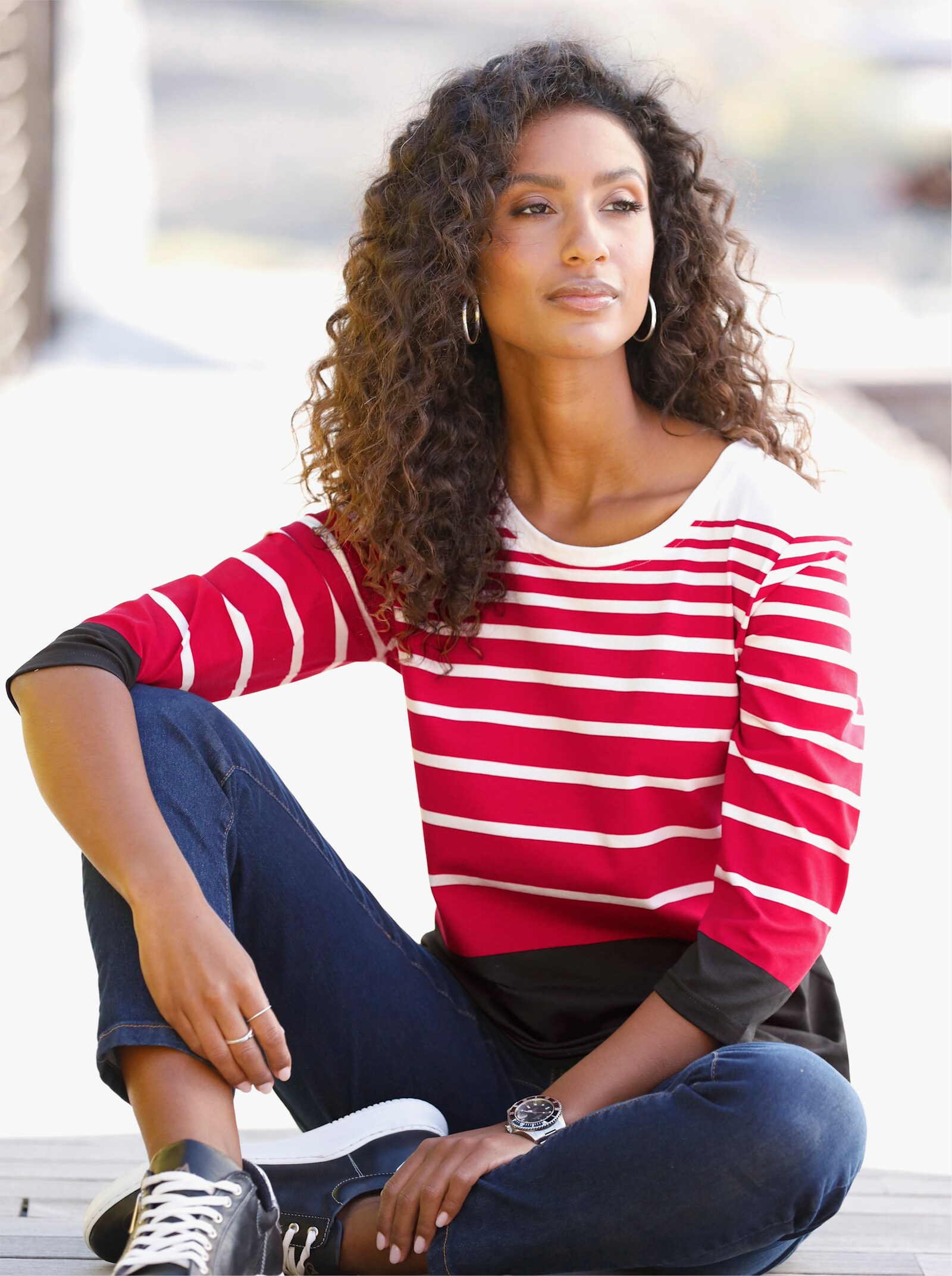 heine 3/4-Arm-Shirt mit Ringelmuster - schwarz-rot-bedruckt