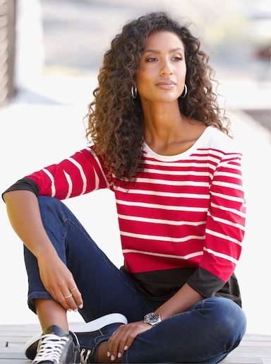 heine 3/4-Arm-Shirt mit Ringelmuster - schwarz-rot-bedruckt