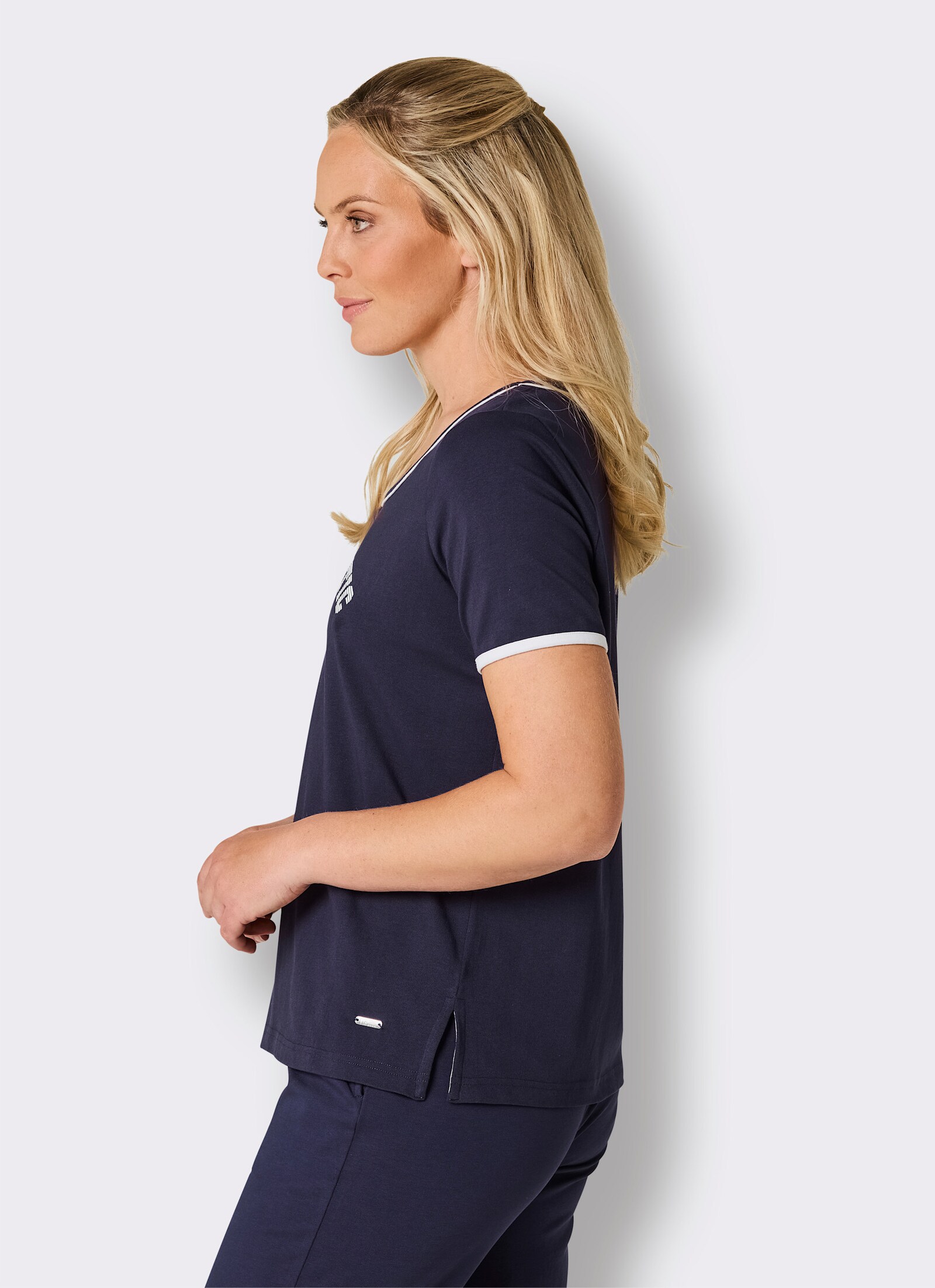 feel good Kurzarmshirt mit Schriftzug - marine-weiß