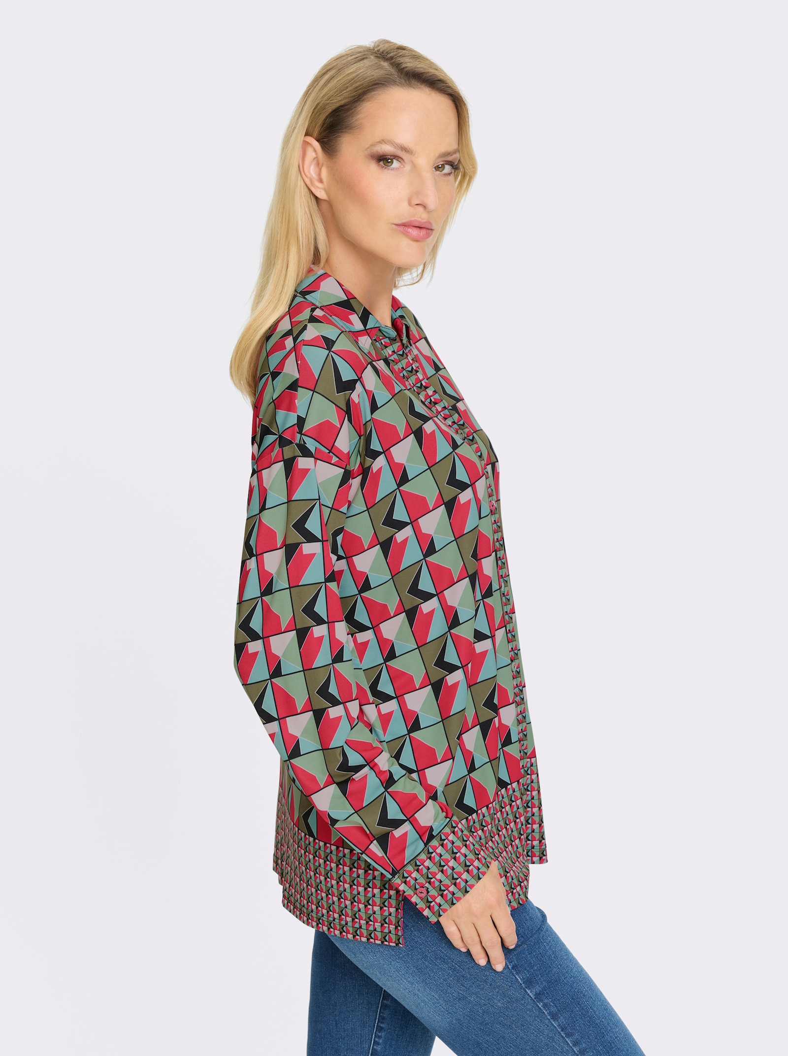 heine Blusenshirt mit leichtem Glanz - pink-schwarz-bedruckt