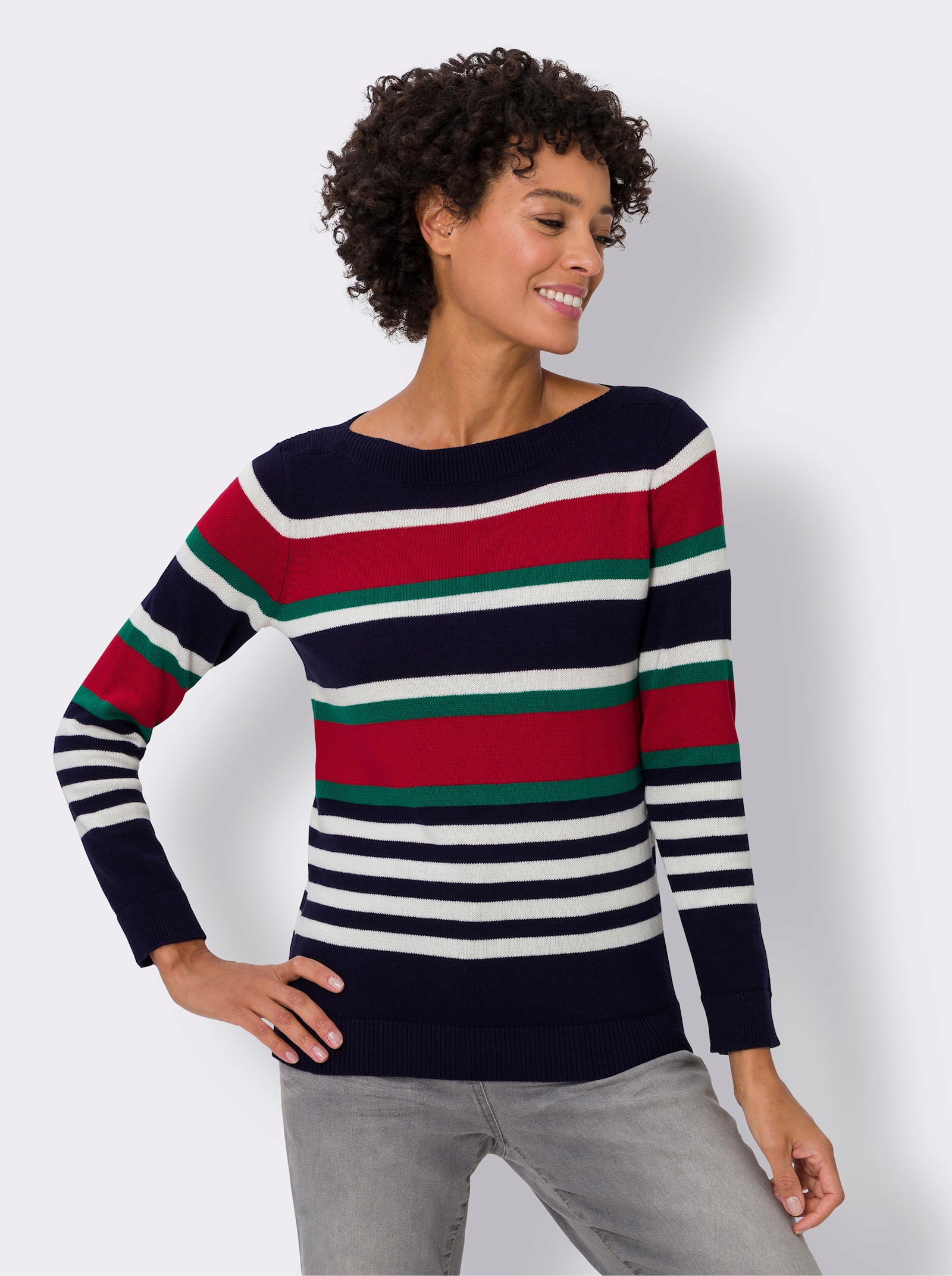 Pullover met lange mouwen en boothals - marine/rood gestreept