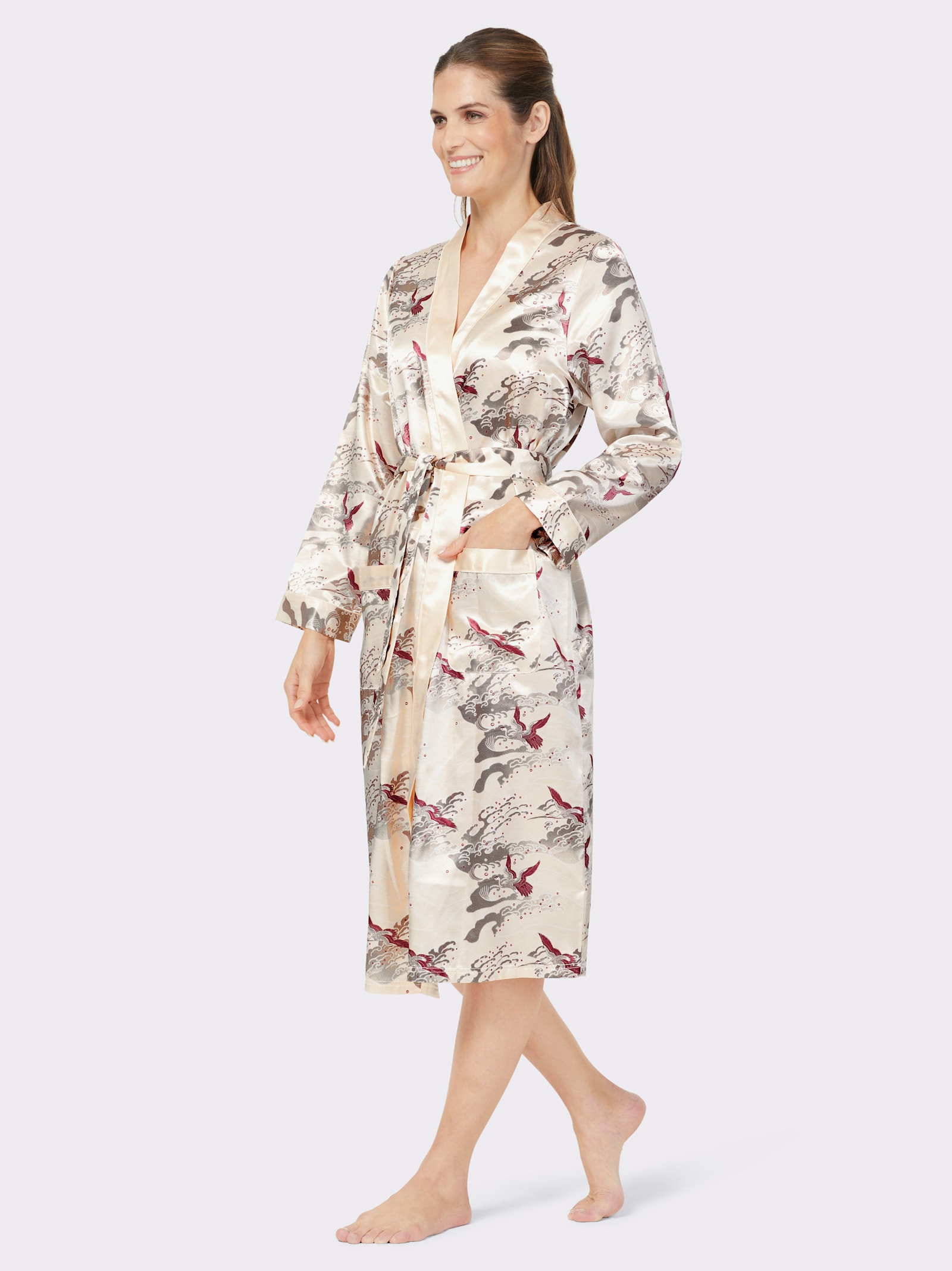 wäschepur Ochtendjas van satijn - ivoor/donkerrood