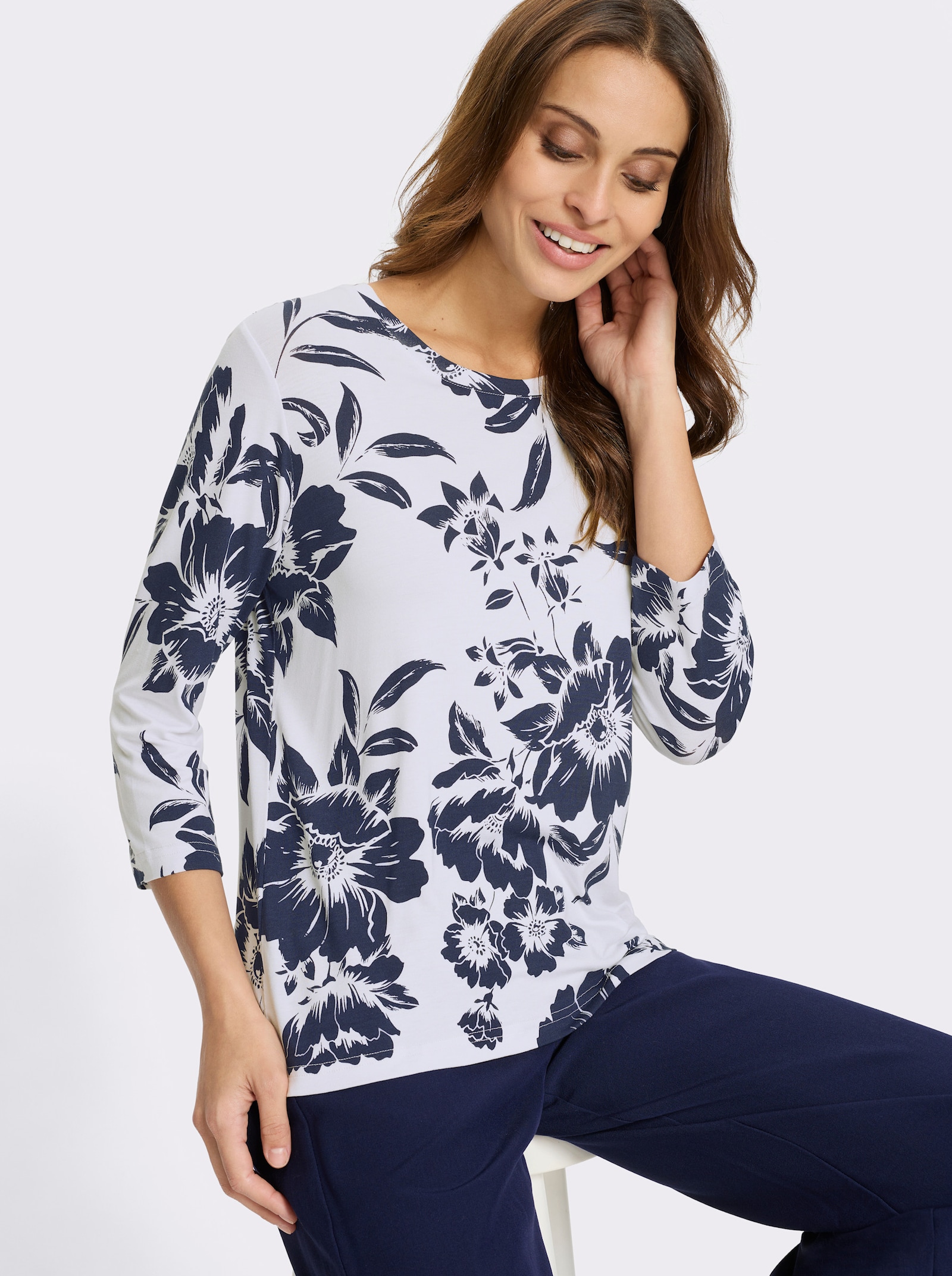 Tričko s potiskem s květinovým vzorem - bílá-námořnická modrá-potisk