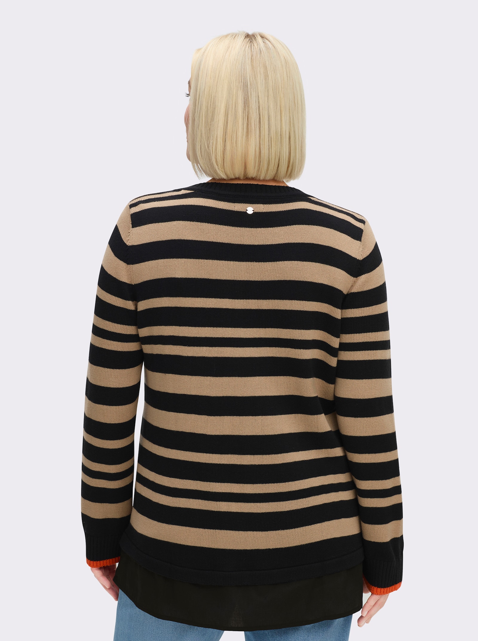 sheego V-Ausschnitt-Pullover mit Bluseneinsatz am Saum - schwarz-beige-gestreift