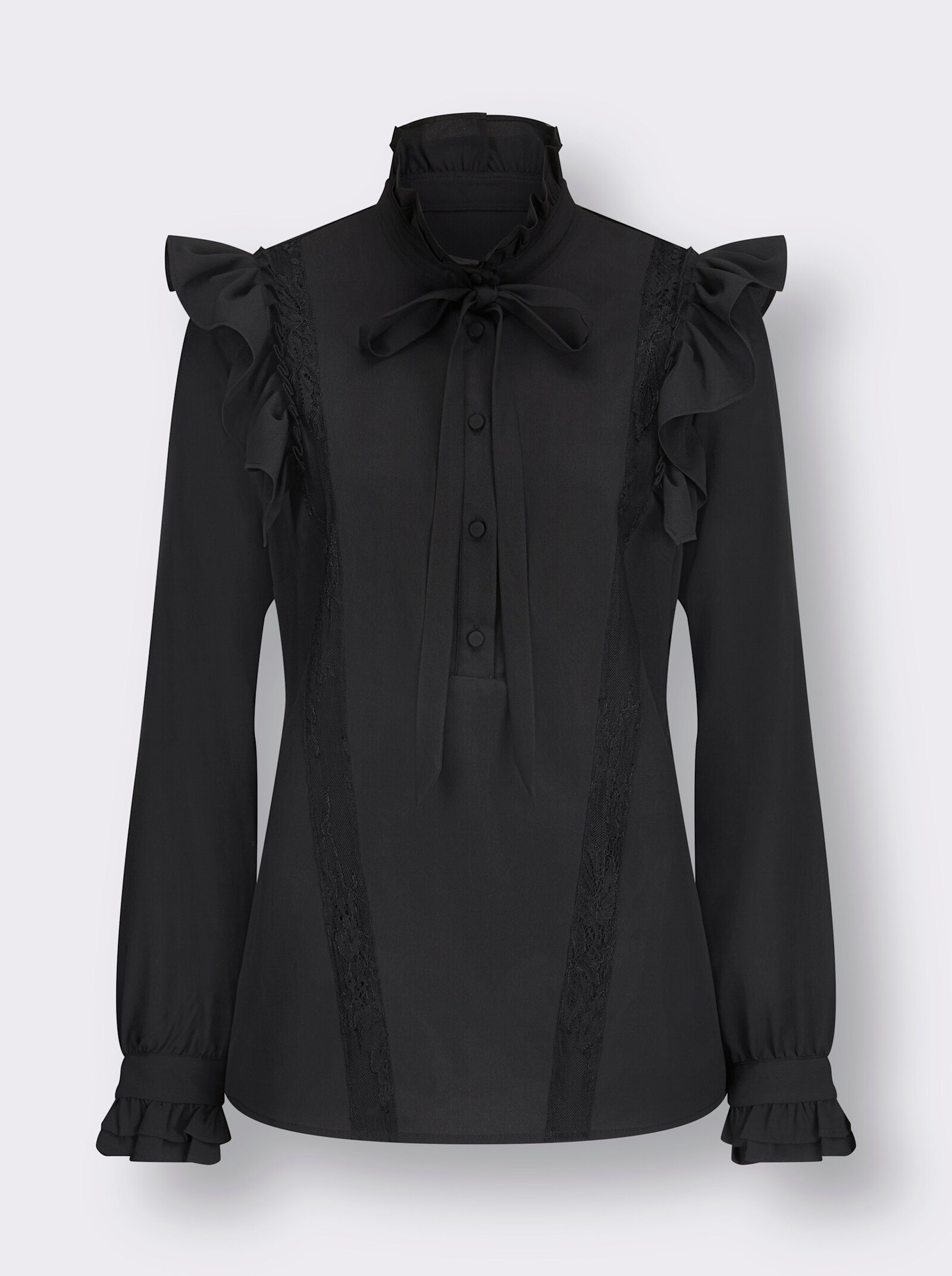 Crêpeblouse met ruches aan de opstaande kraag - zwart