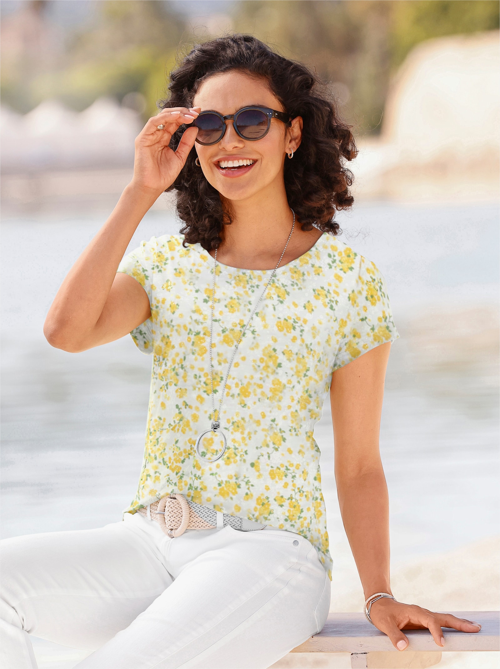 Rundhalsshirt in Flammgarn-Qualität - ecru-zitrone-bedruckt