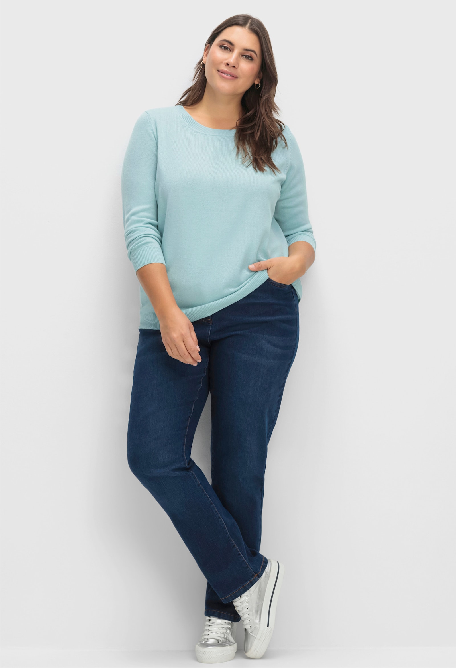 Rundhalspullover in Form gestrickt, wärmend - aqua