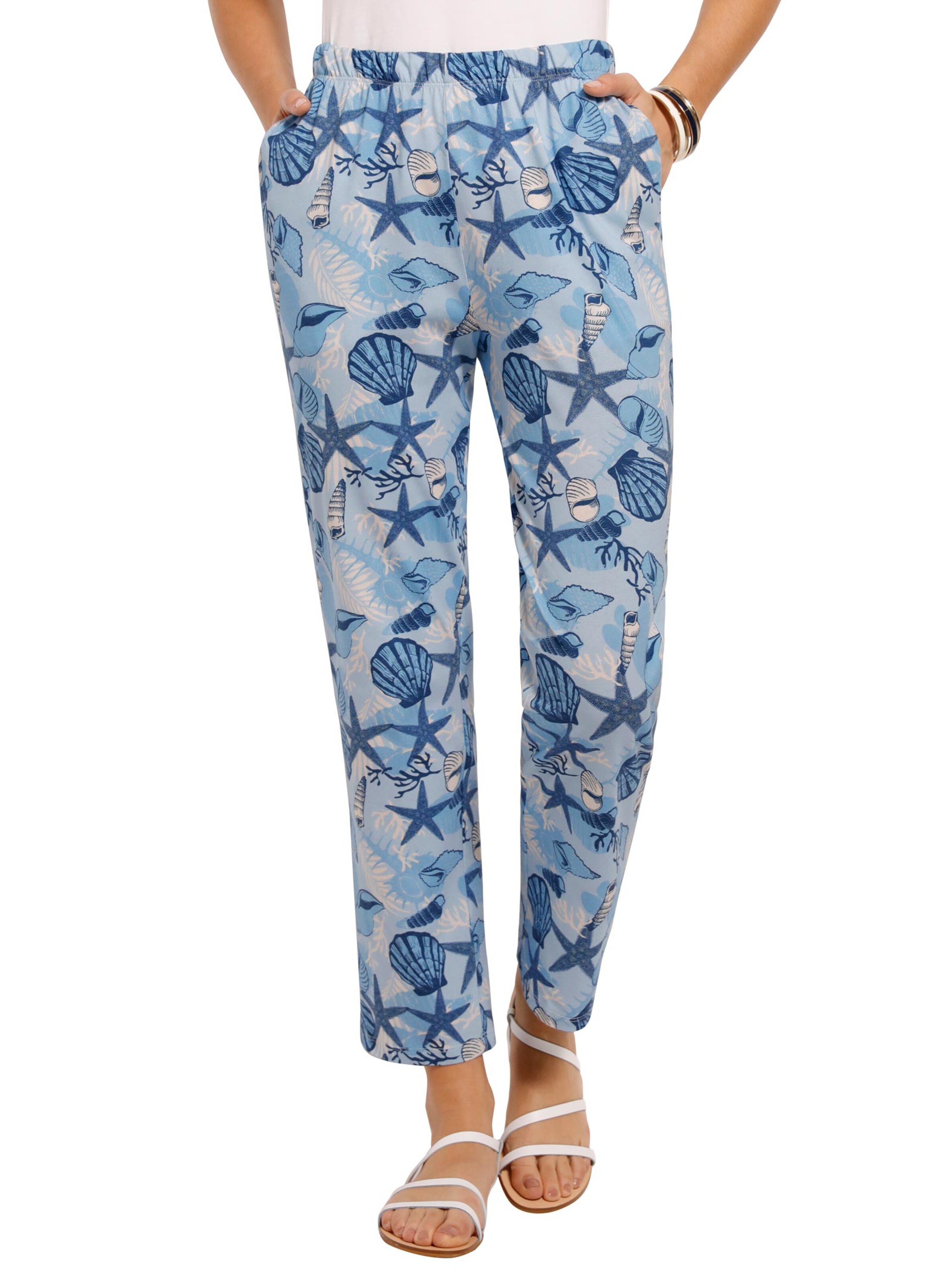 Freizeithose - blau-beige-bedruckt