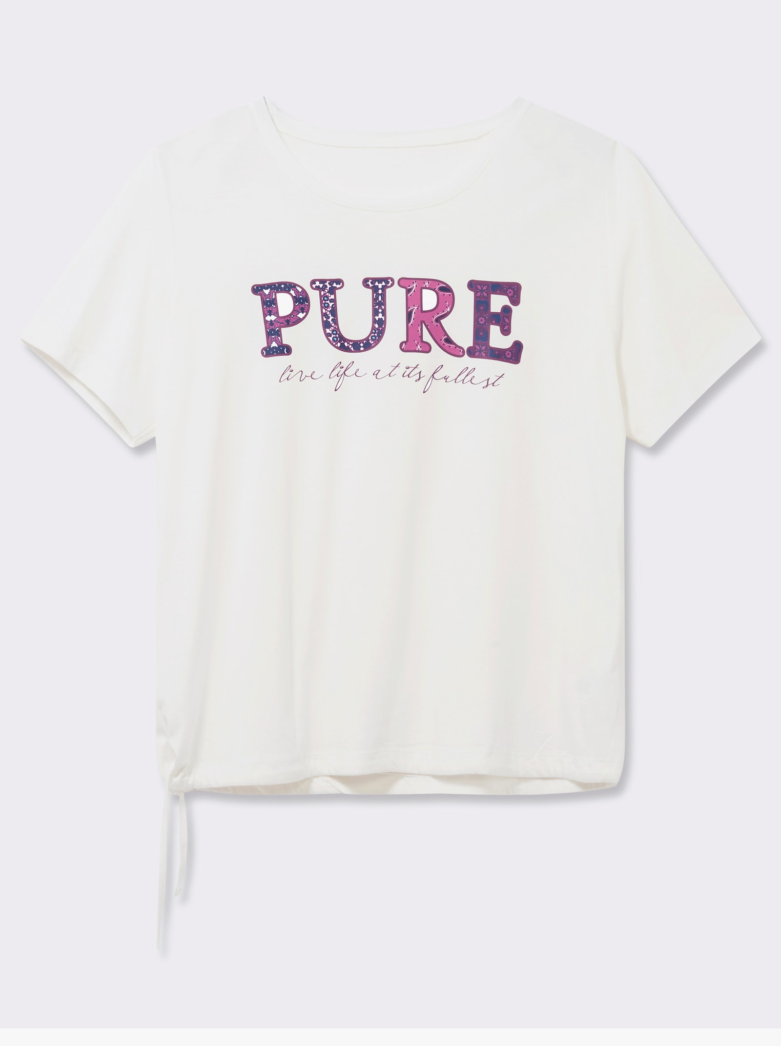 Kurzarmshirt mit Bindeband am Saum - ecru-bedruckt