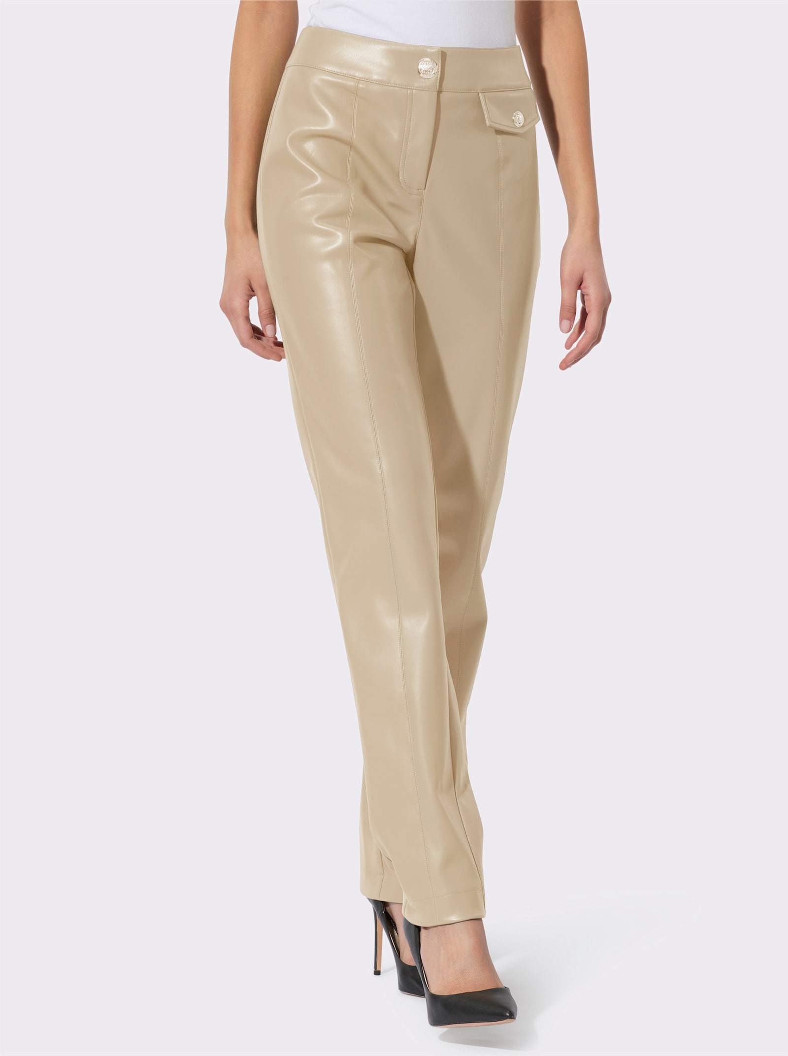 Pantalon en synthétique avec boutons fantaisie dorés - sable