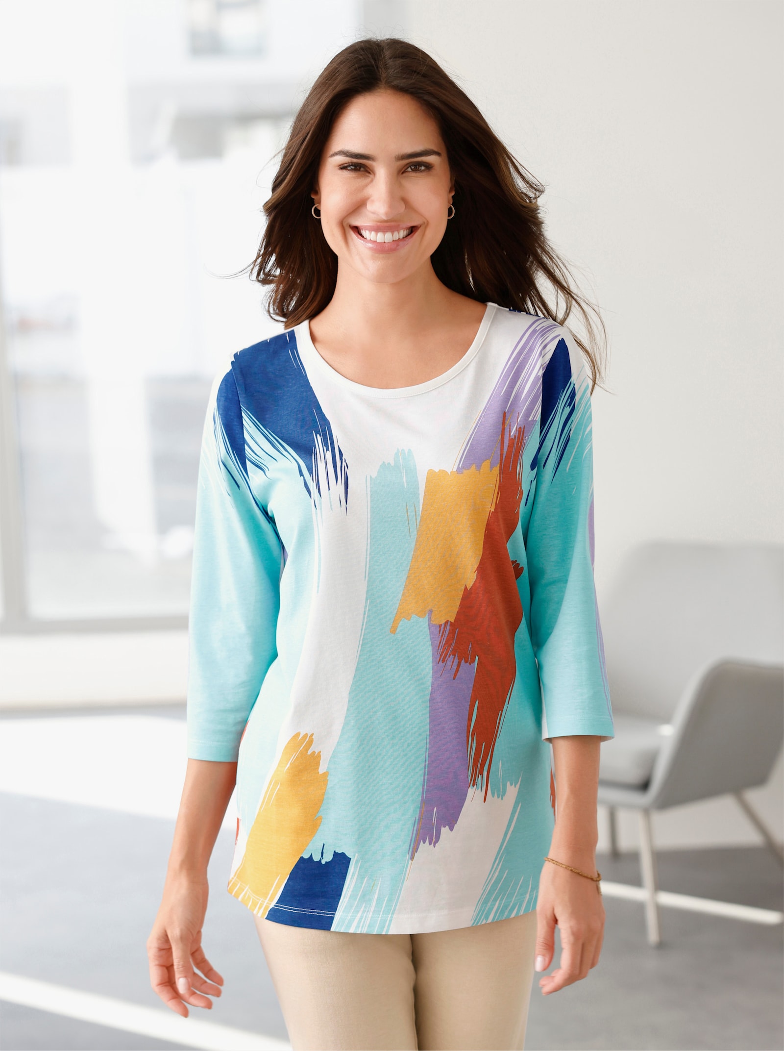 Lång topp med 3/4-ärmar, med tryck - gräddvit, tryckt