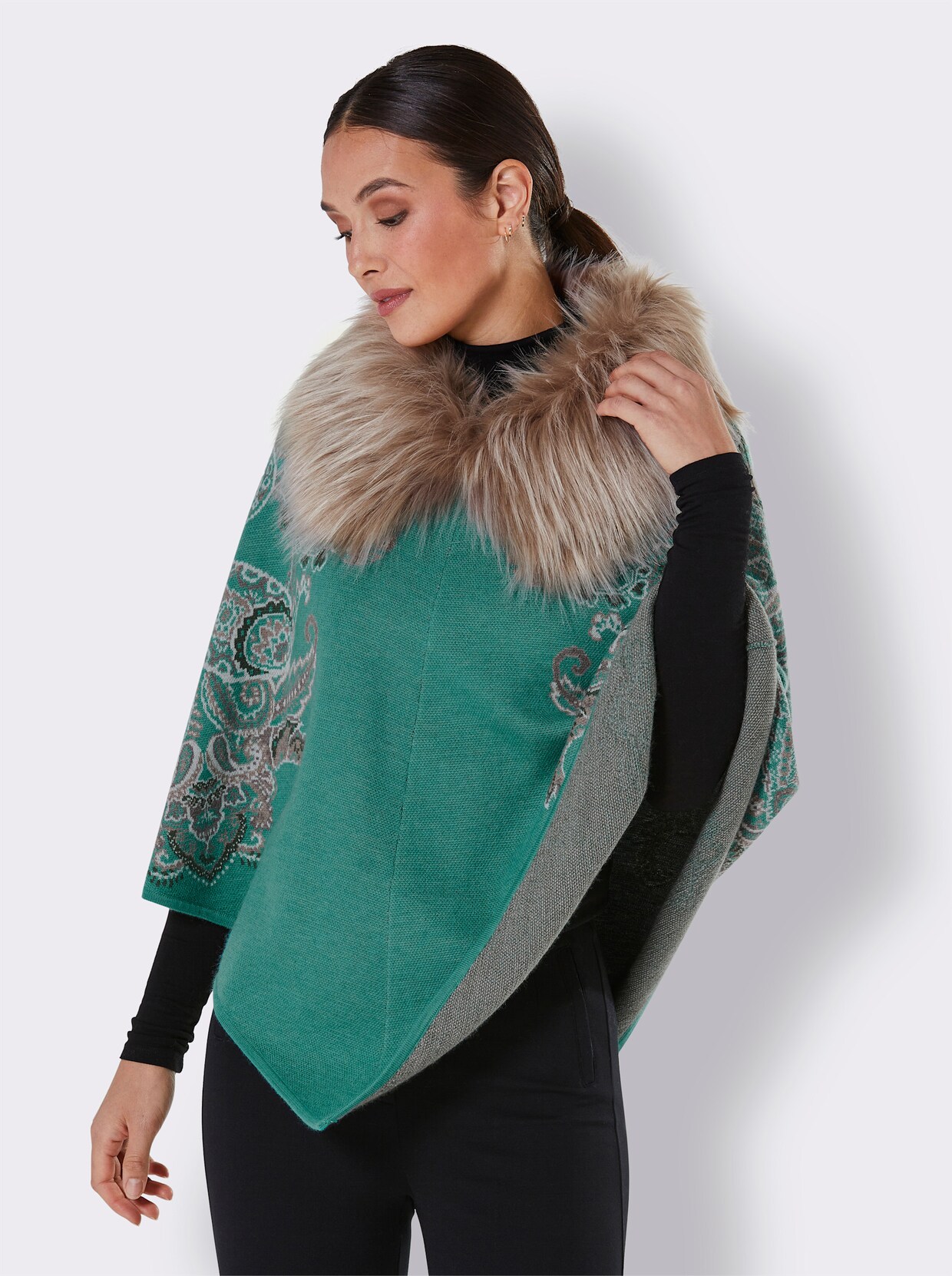 CREATION L PREMIUM Gebreide poncho - smaragdgroen/sesam gedessineerd