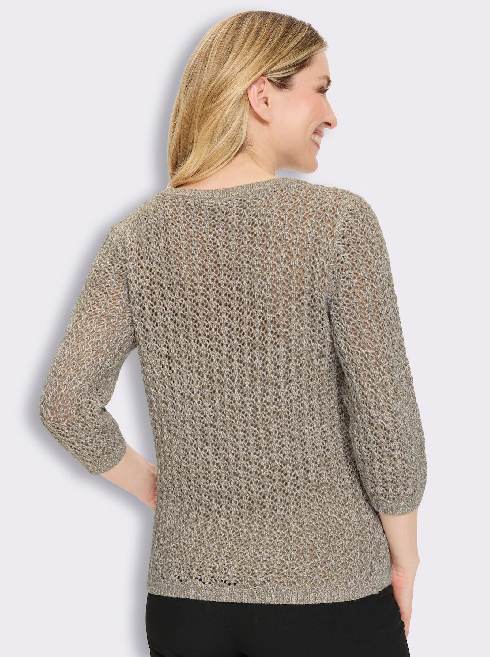 3/4-Arm-Pullover mit goldfarbenem Glanzgarn - taupe-ecru-meliert