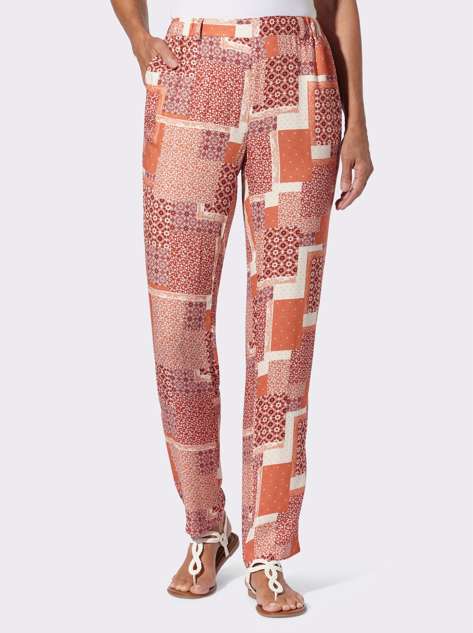 Druckhose mit Rundum-Dehnbund - champagner-papaya-bedruckt