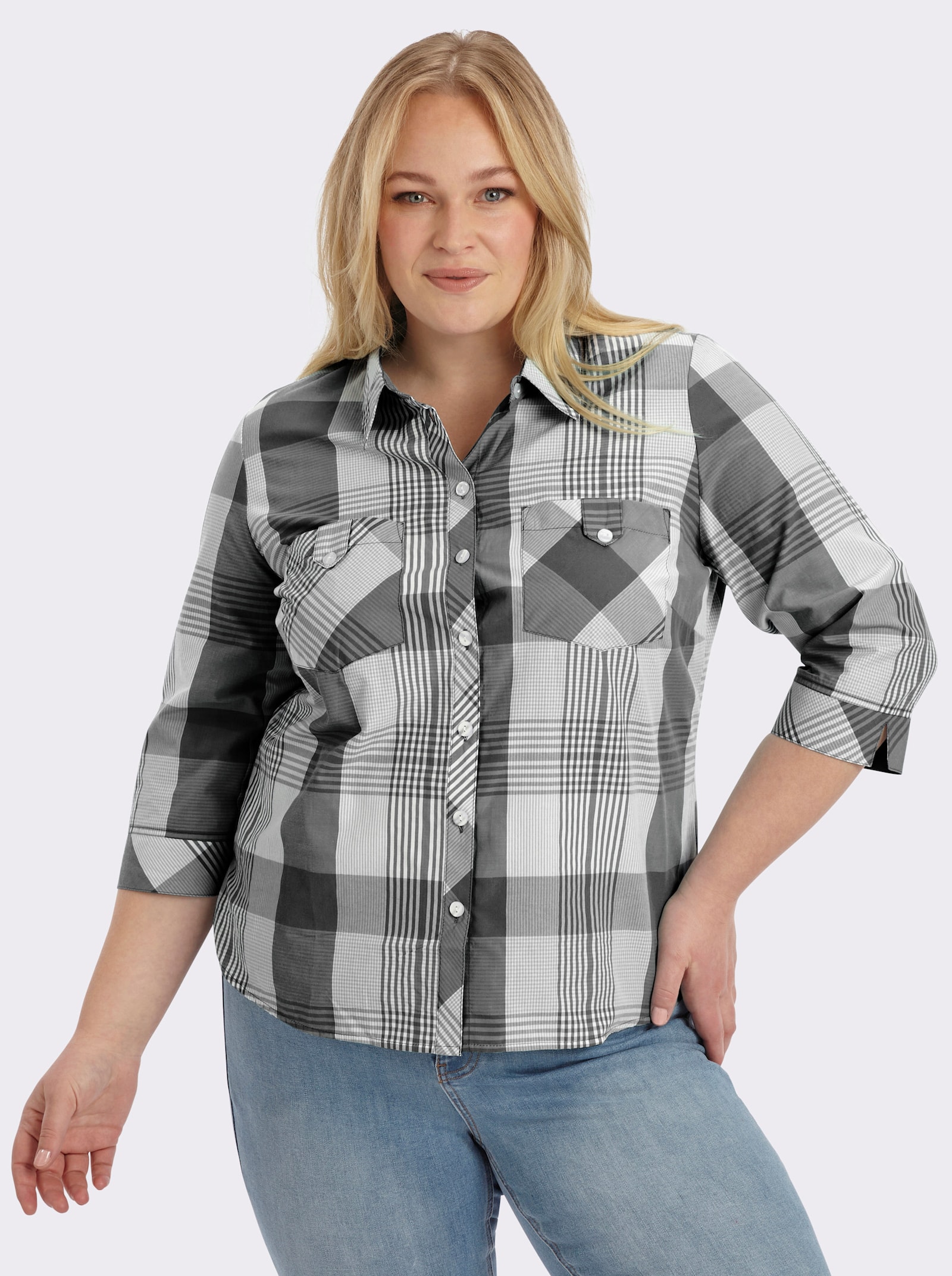 Karobluse mit aufgesetzten Brusttaschen - schwarz-weiß-kariert