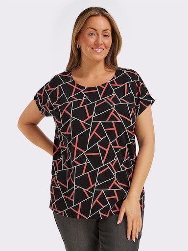 Kurzarmshirt mit grafischem Dessin - schwarz-papaya
