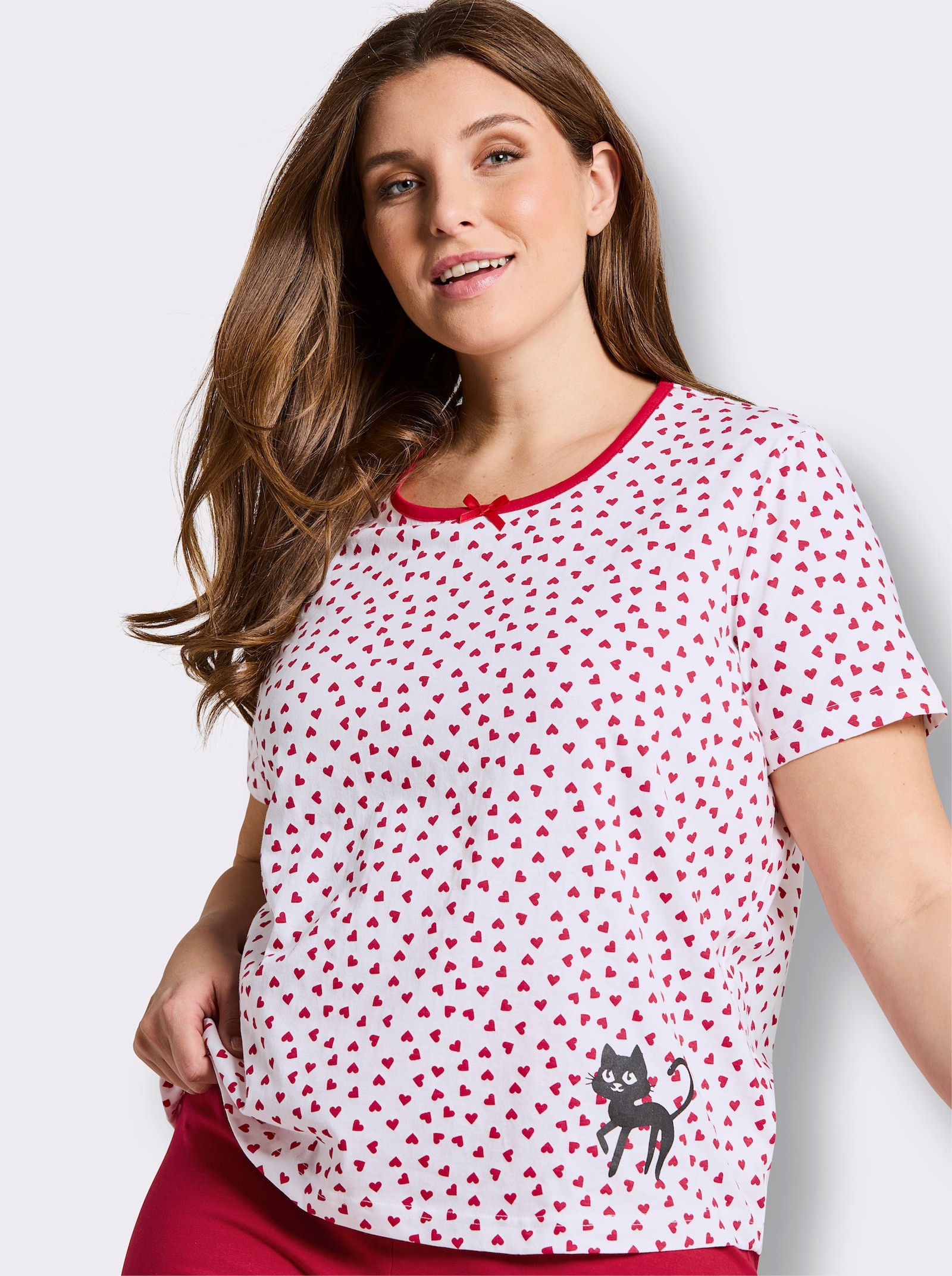 wäschepur Capri-Schlafanzüge mit Katzenmotiven - weiß-schwarz-bedruckt + weiß-rot-bedruckt