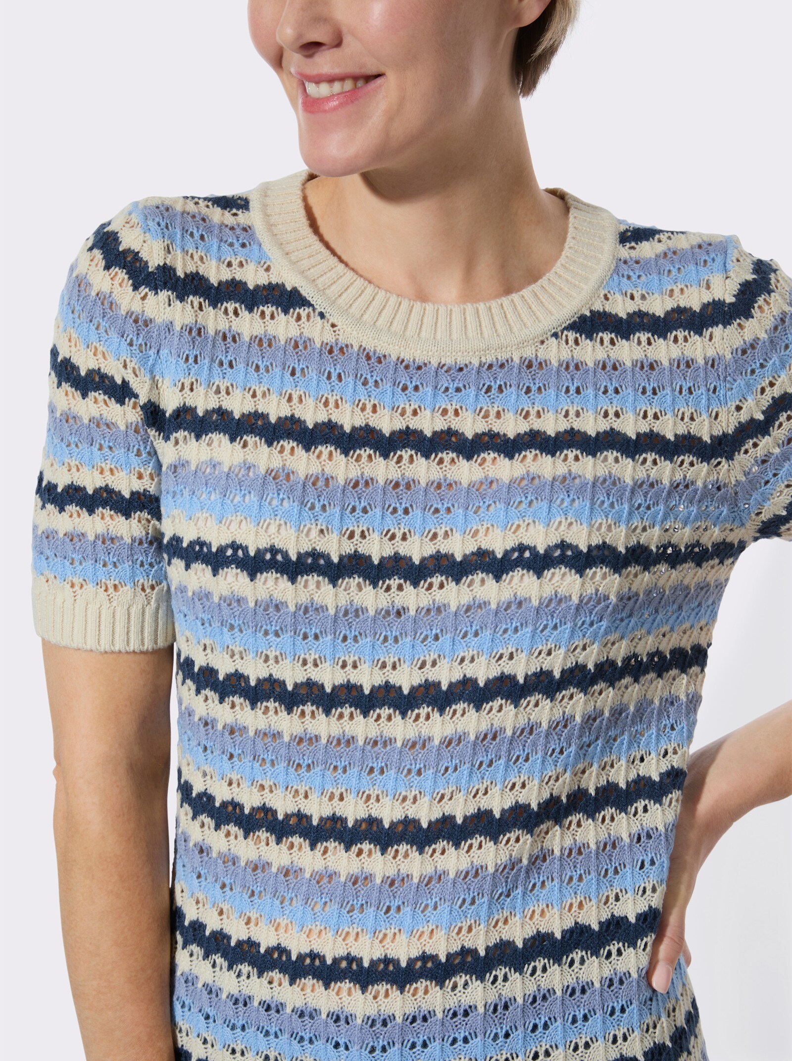 Ajourpullover mit Ringel-Muster - sand-dunkelblau-geringelt