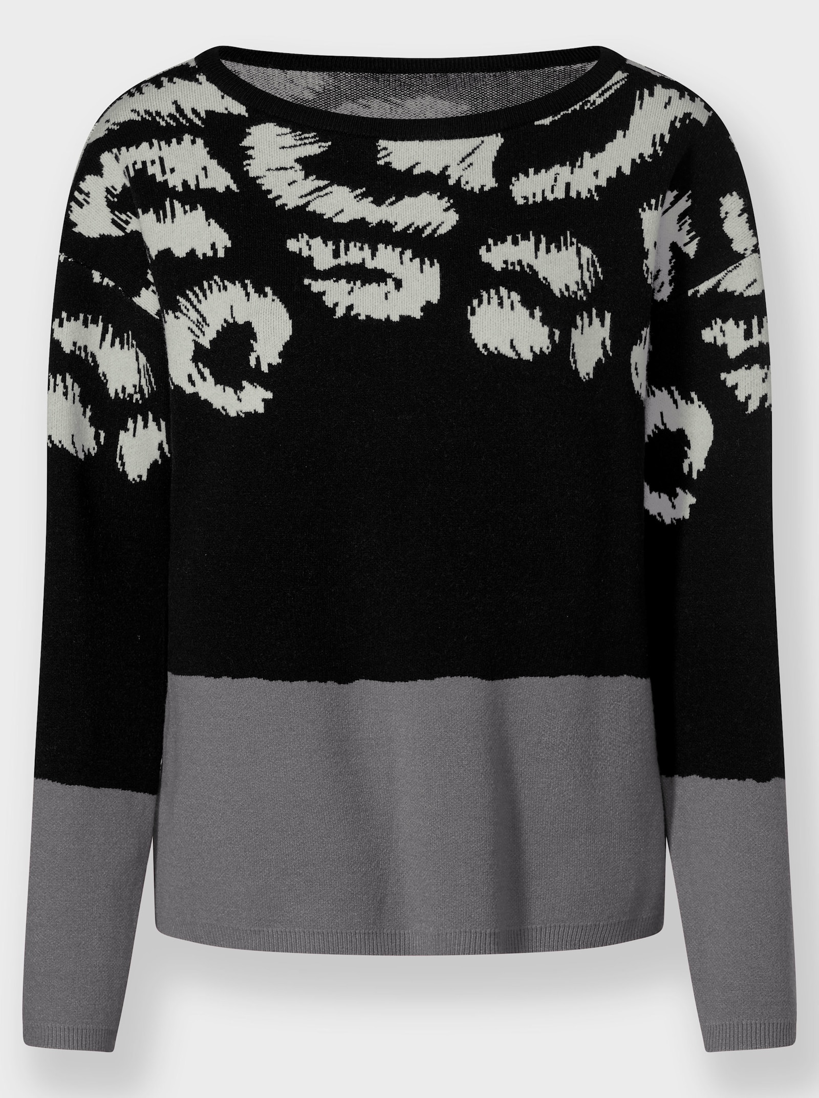 heine Langarm-Pullover mit U-Boot-Ausschnitt - grau-schwarz-gemustert