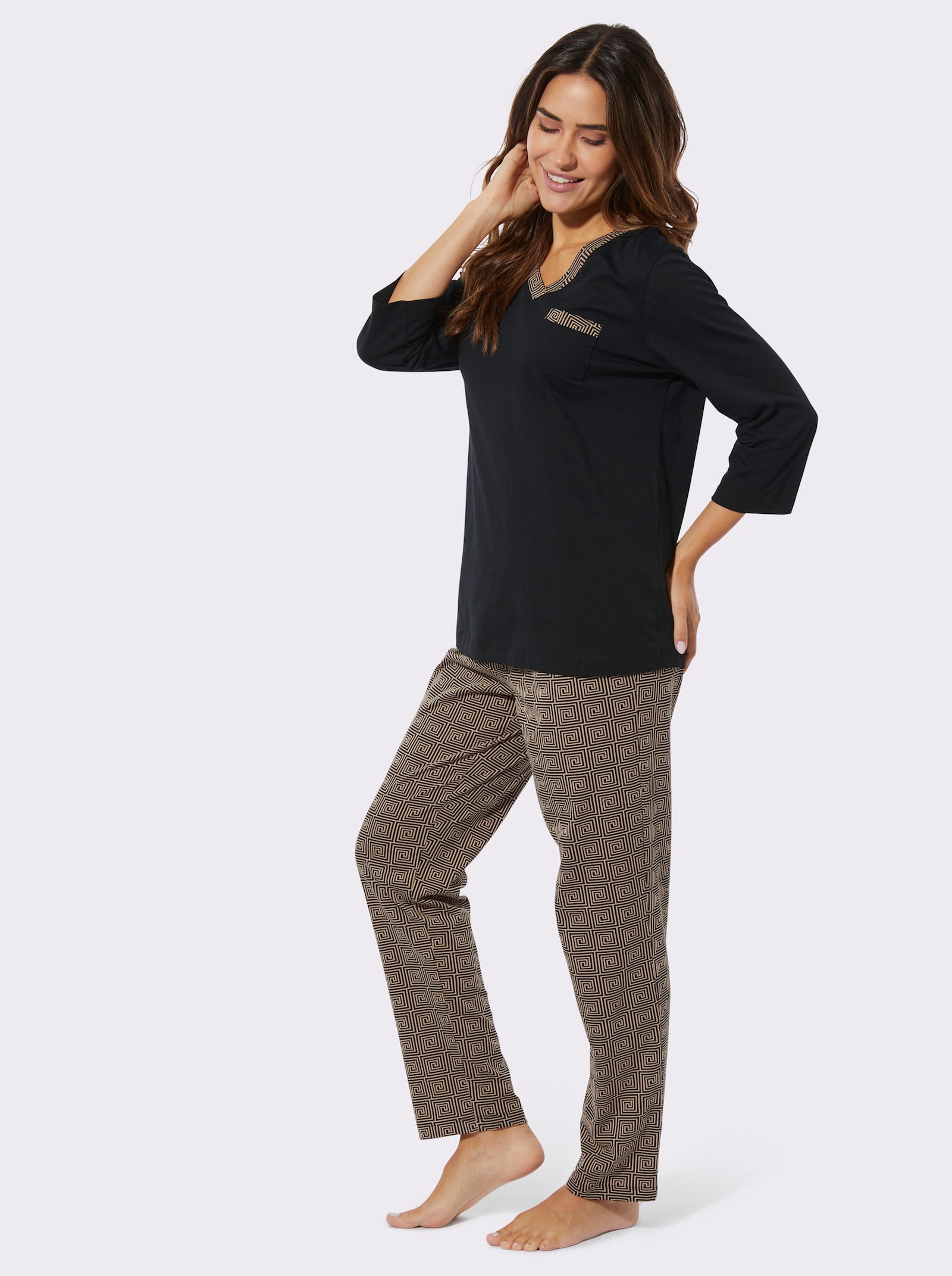 Pyjamas med hel resårlinning - svart-kamel, med tryck