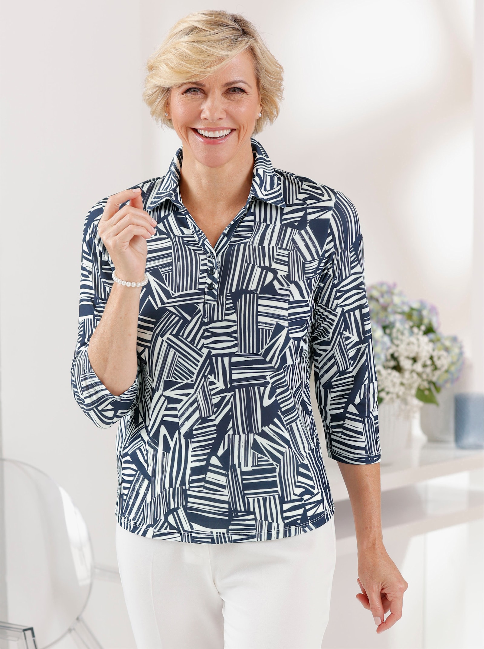 Poloshirt im Grafik-Dessin - marine-ecru-bedruckt