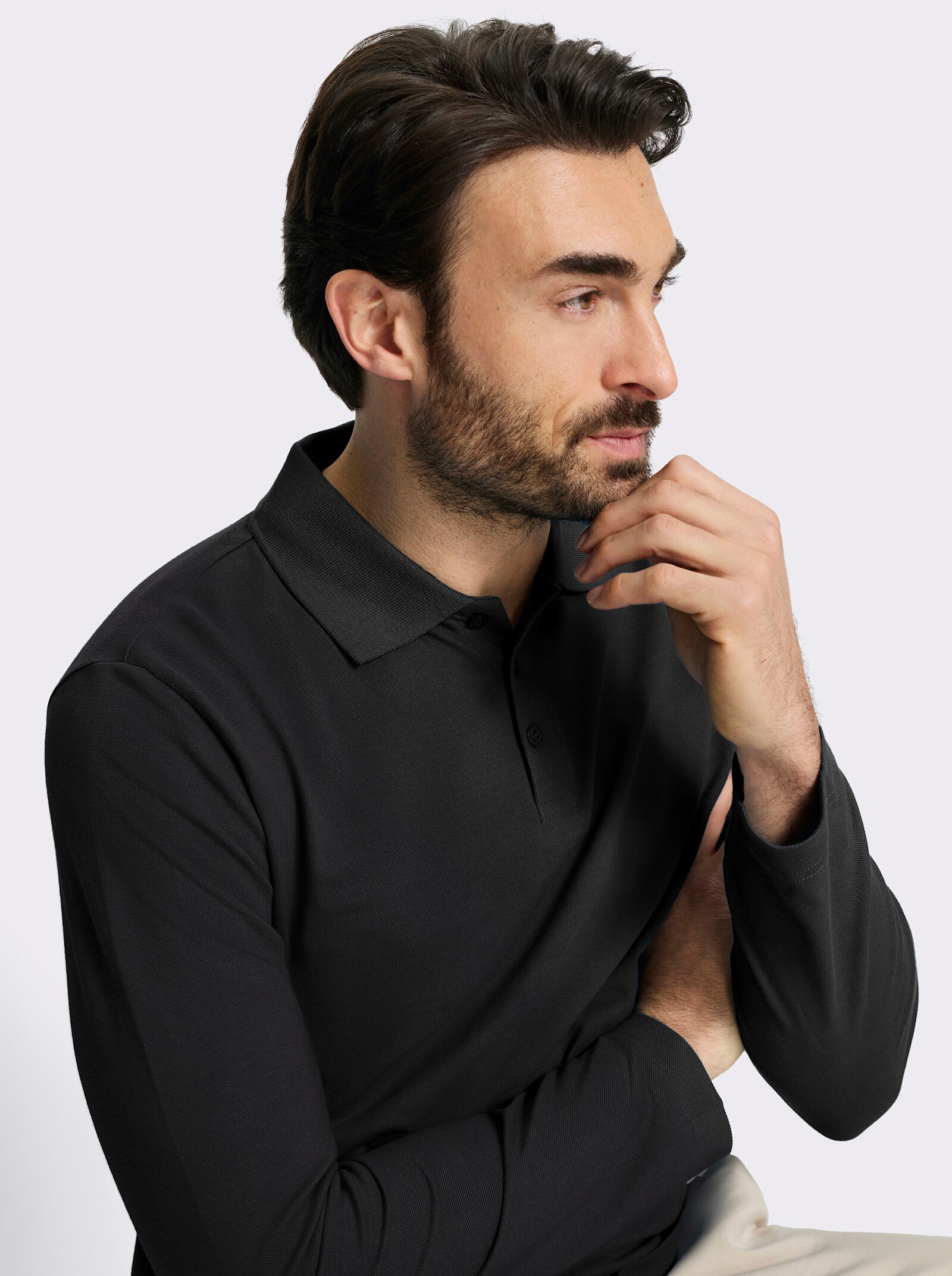 Catamaran Langarm-Poloshirt mit Flachstrick-Kragen - schwarz