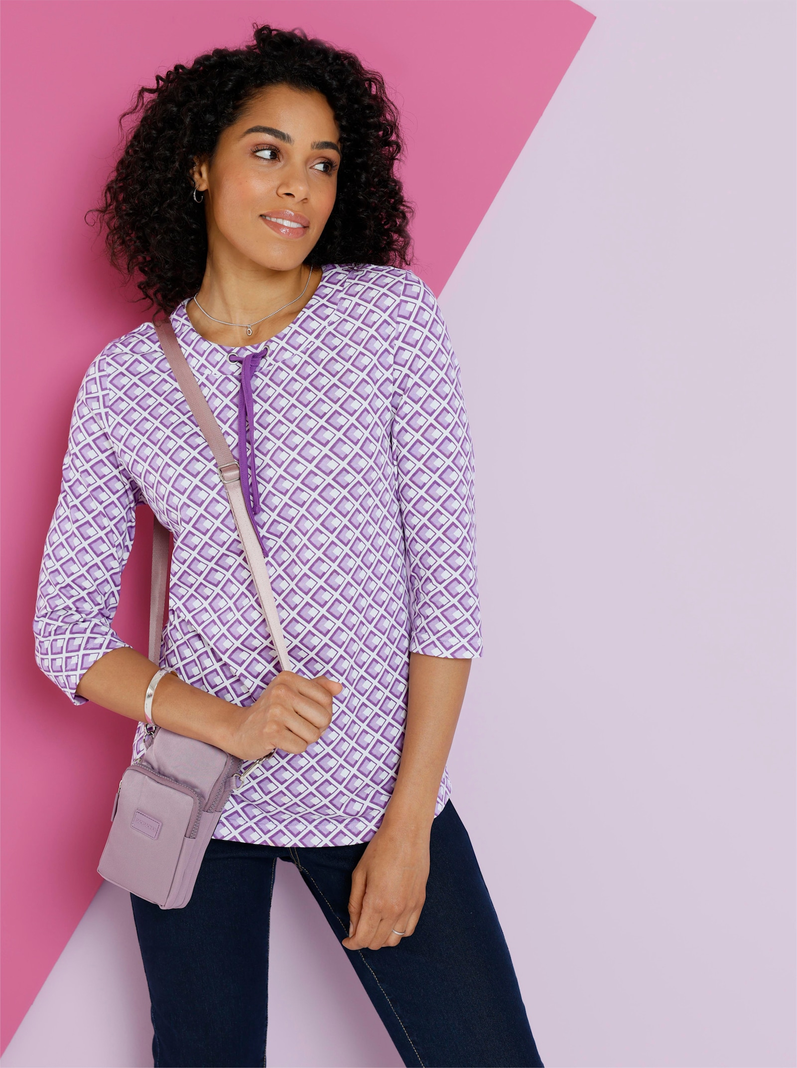 3/4-Arm-Shirt im grafischen Druckmuster - ecru-lila-bedruckt