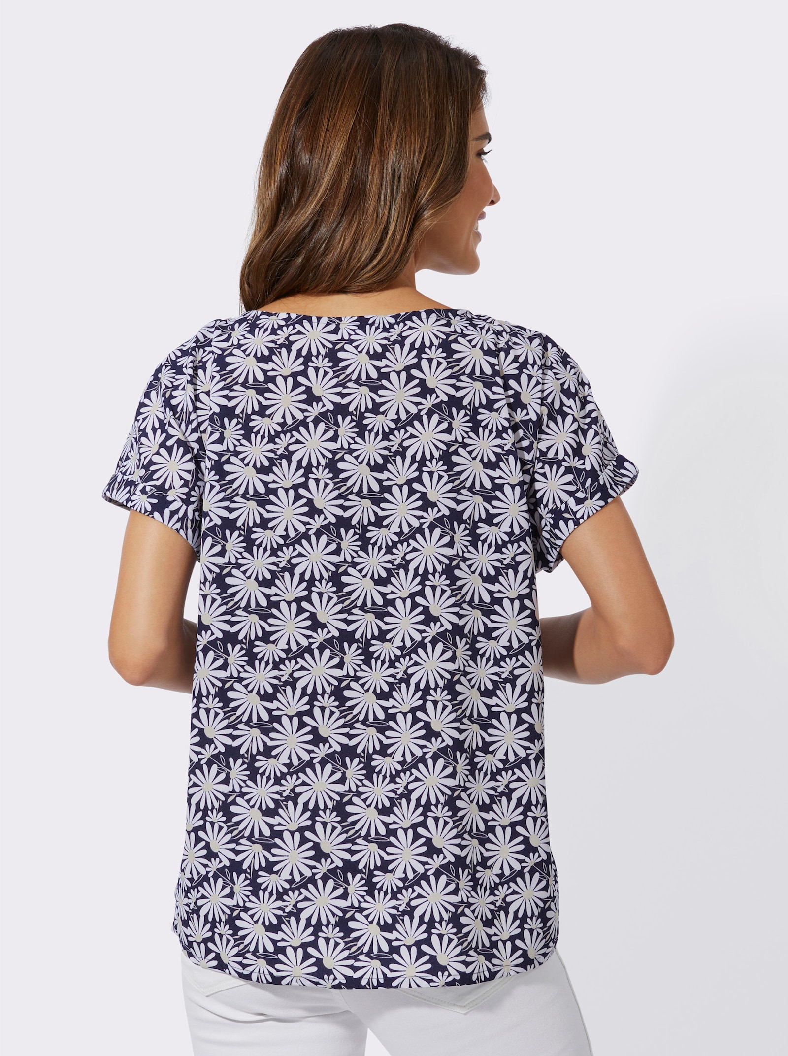 Comfortblouse met margrietprint - marine/beige geprint