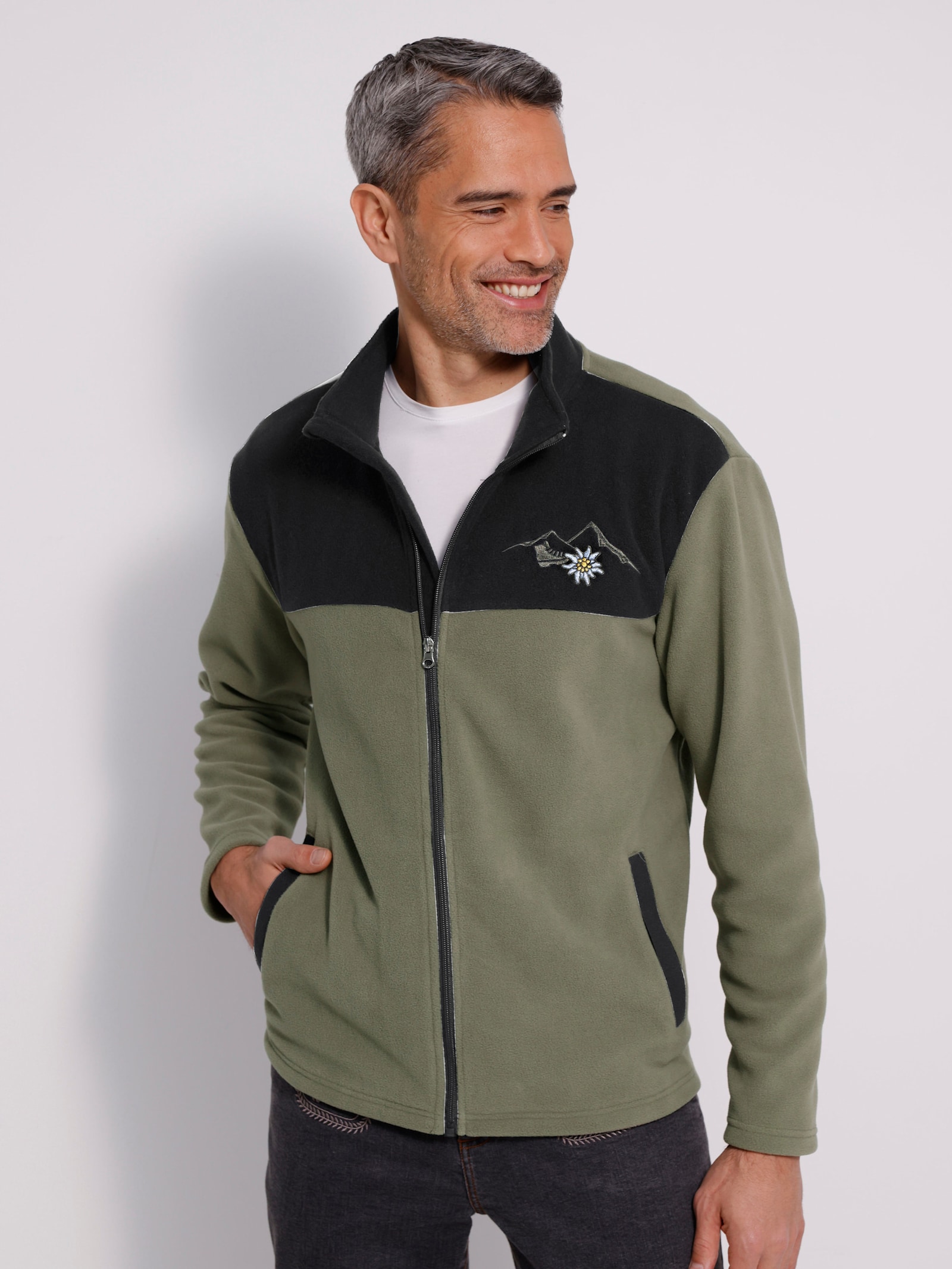 Fleecejacke mit Edelweiß-Stickerei - schwarz-khaki