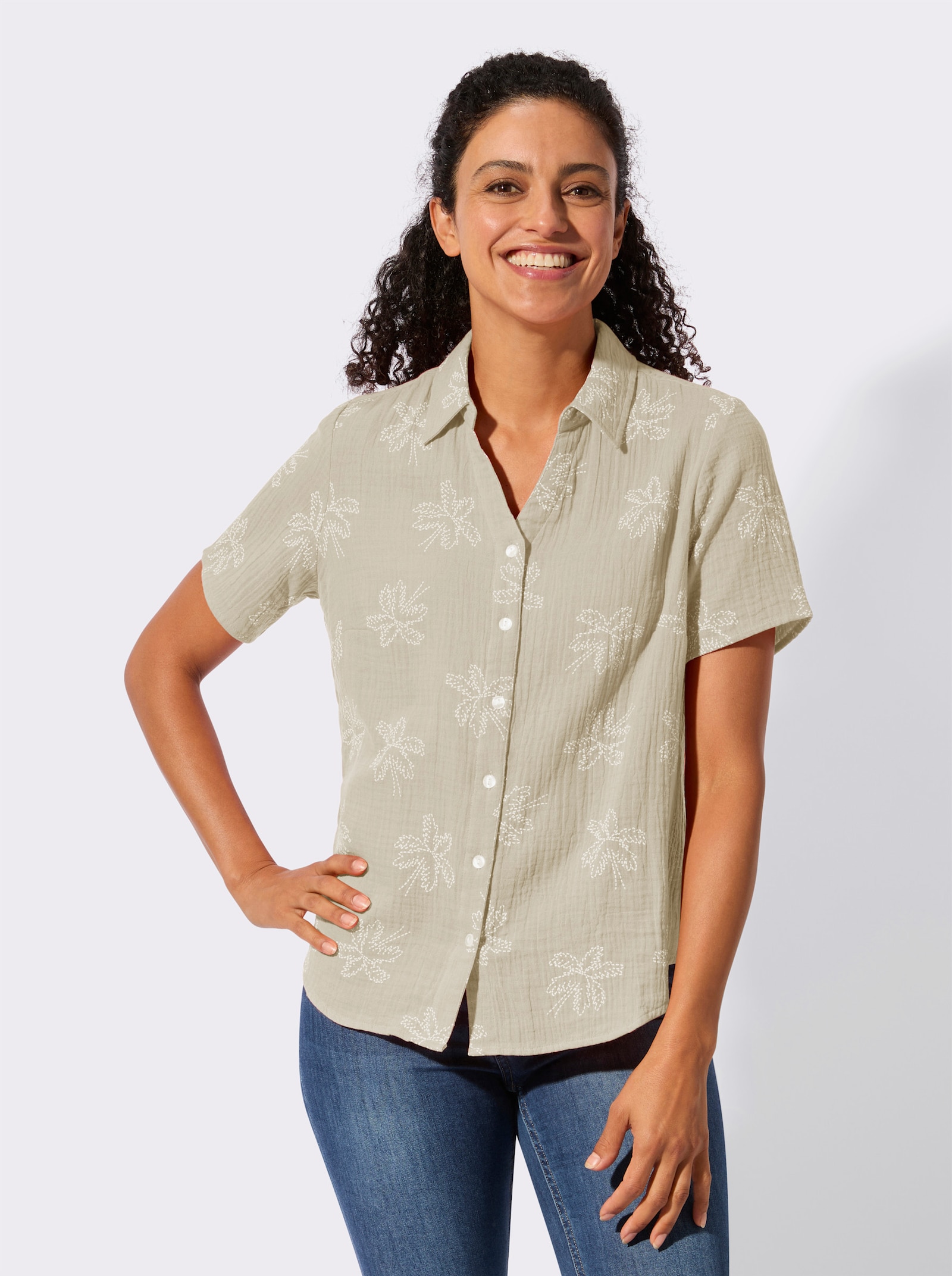 Baumwollbluse mit Palmen-Print - sand-ecru