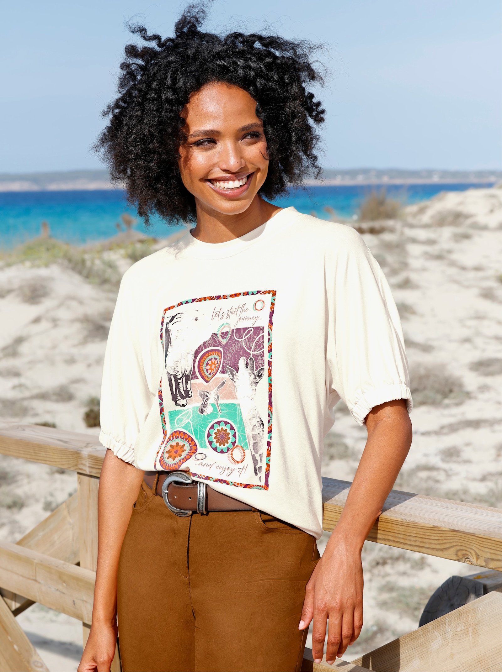 heine T-shirt à manches chauve-souris avec imprimé feuille - couleur ivoire-orange imprimé