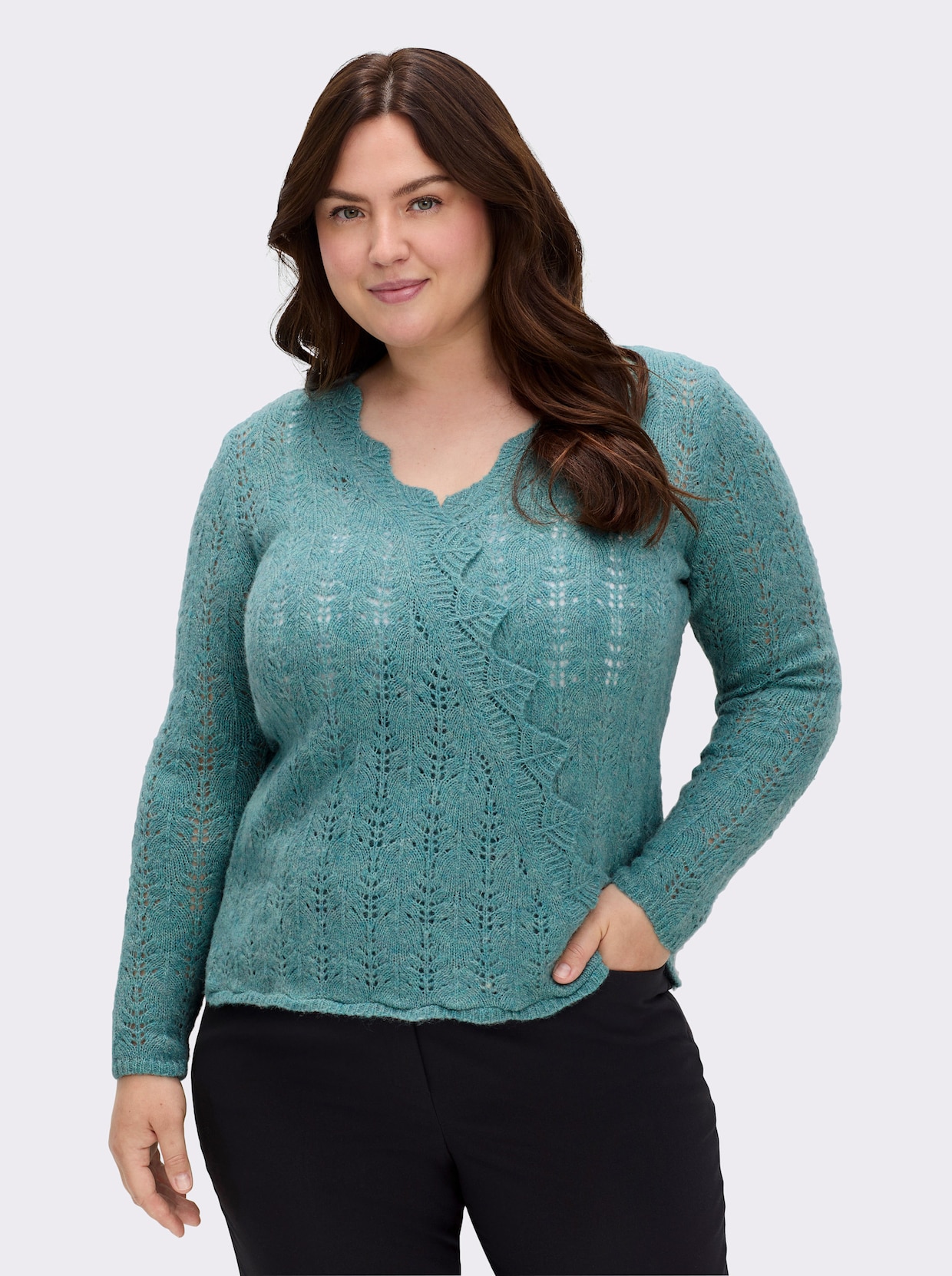Ajourpullover in Wickel-Optik - jade-meliert