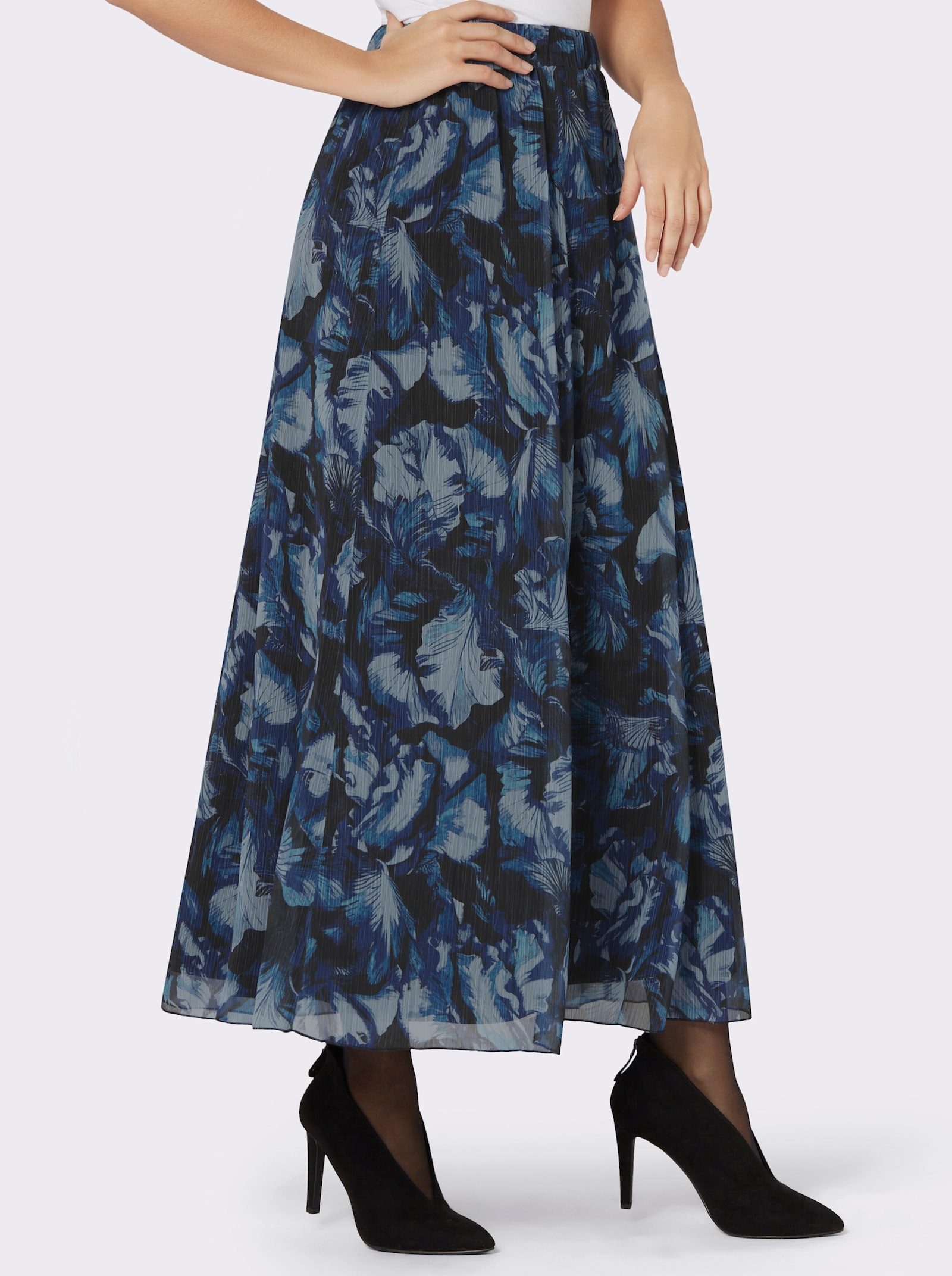 Webrock in Bahnenform, floral - schwarz-royalblau-bedruckt