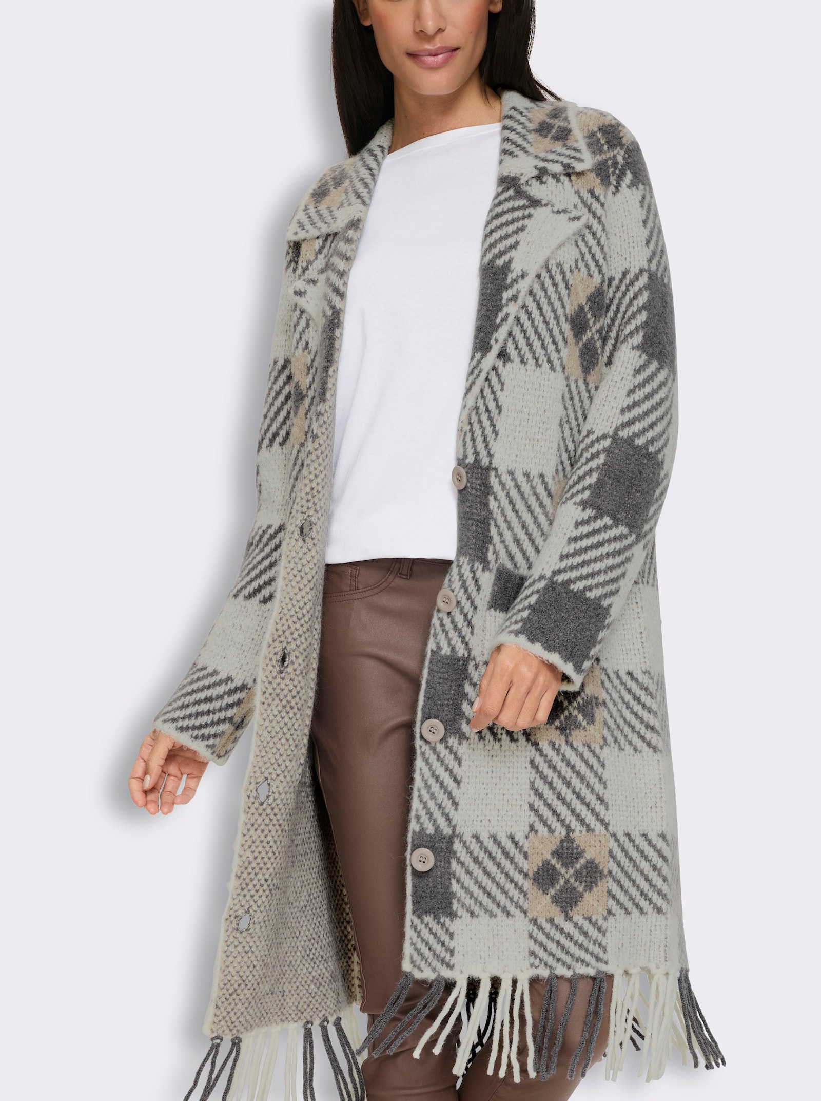 heine Jacquardstrickjacke mit Fransen - ecru-sesam-gemustert