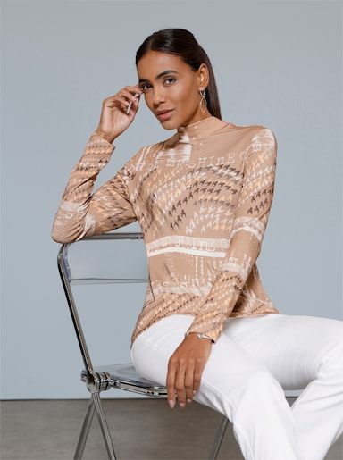 Stehkragenshirt - beige-vanille-bedruckt