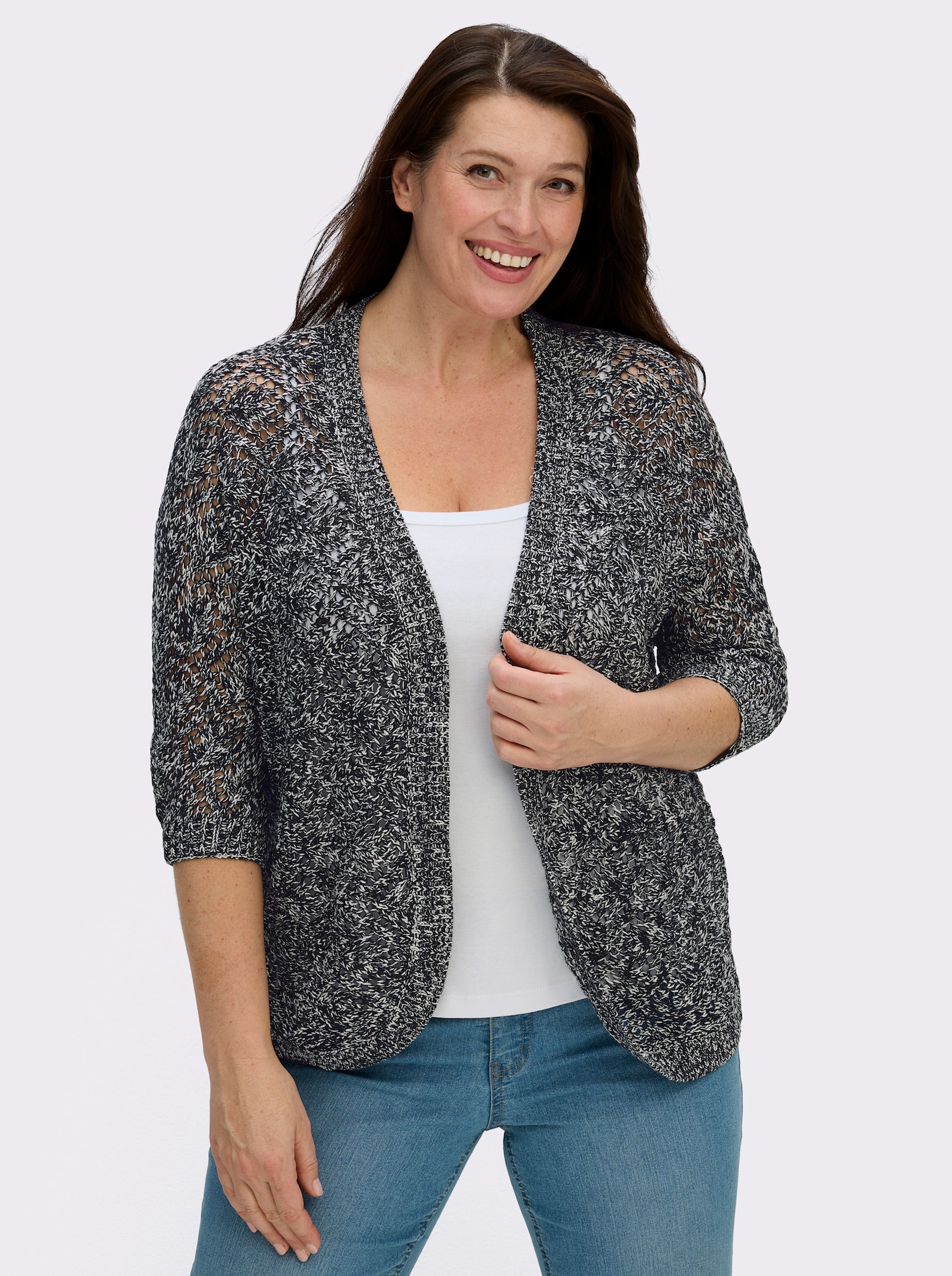 Ajourstrickjacke mit Fledermaus-Ärmeln - schwarz-ecru-meliert