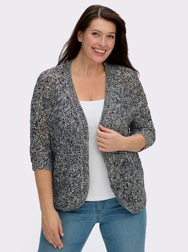 Ajourstrickjacke mit Fledermaus-Ärmeln - schwarz-ecru-meliert