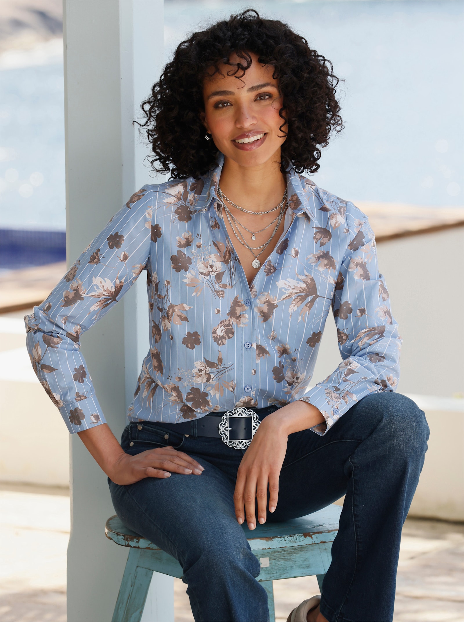 heine Druckbluse mit Blumenmuster - bleu-ecru-gestreift