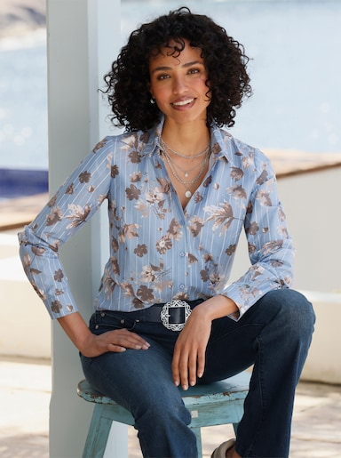 heine Druckbluse mit Blumenmuster - bleu-ecru-gestreift