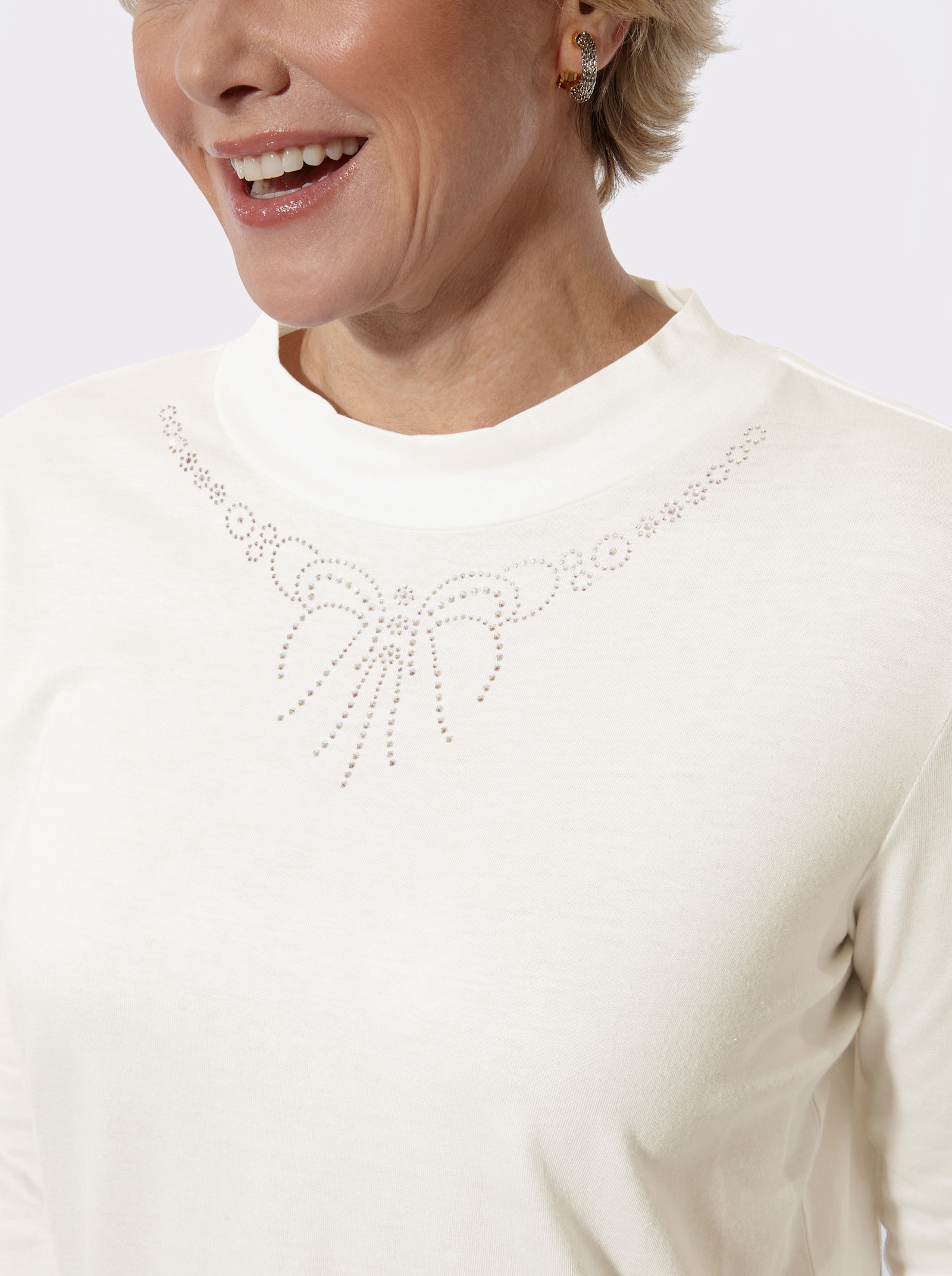 Stehkragenshirt mit Glitzersteinchen - ecru