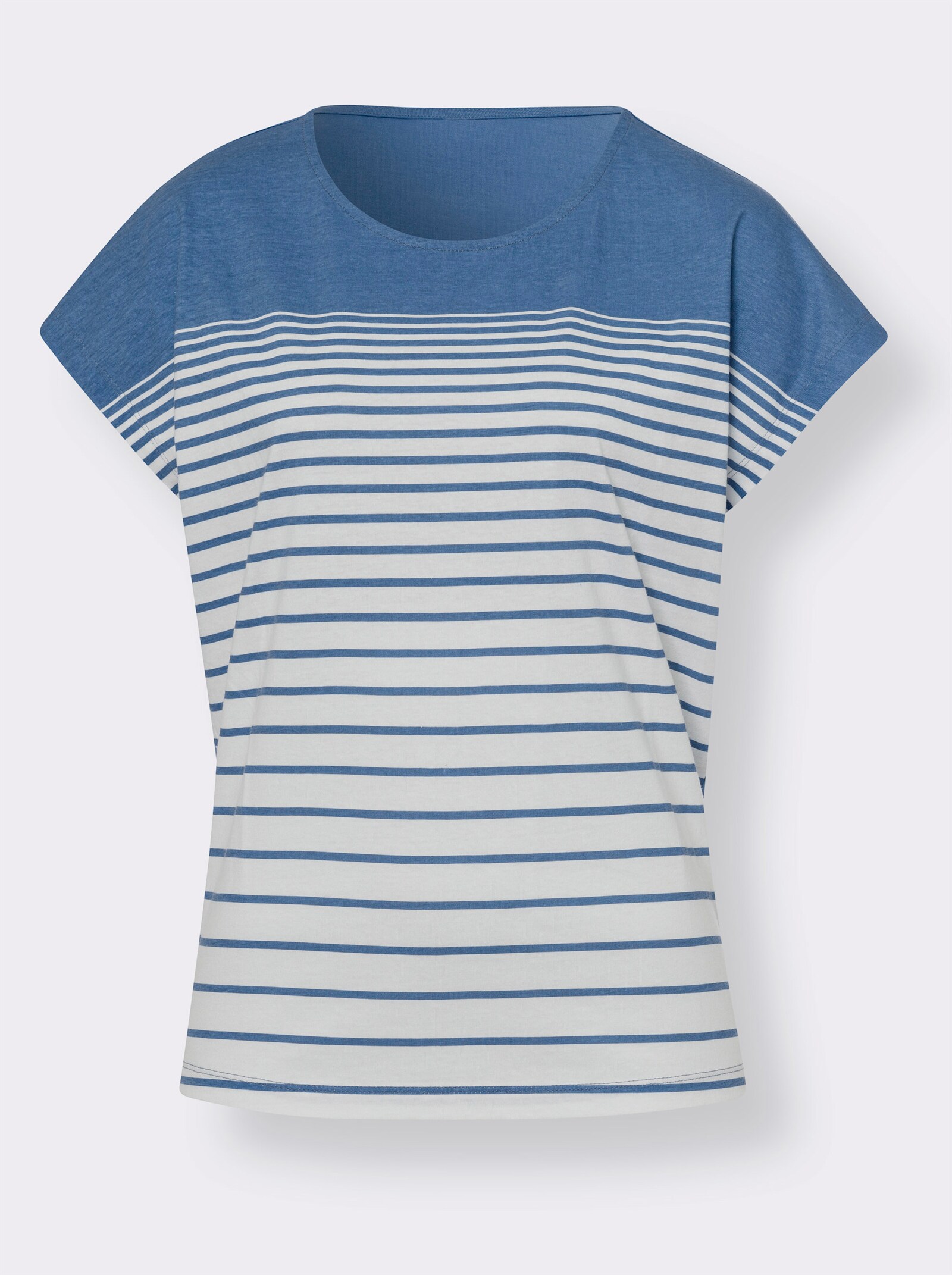 Rundhalsshirt mit Ringelmuster - mittelblau-ecru-bedruckt