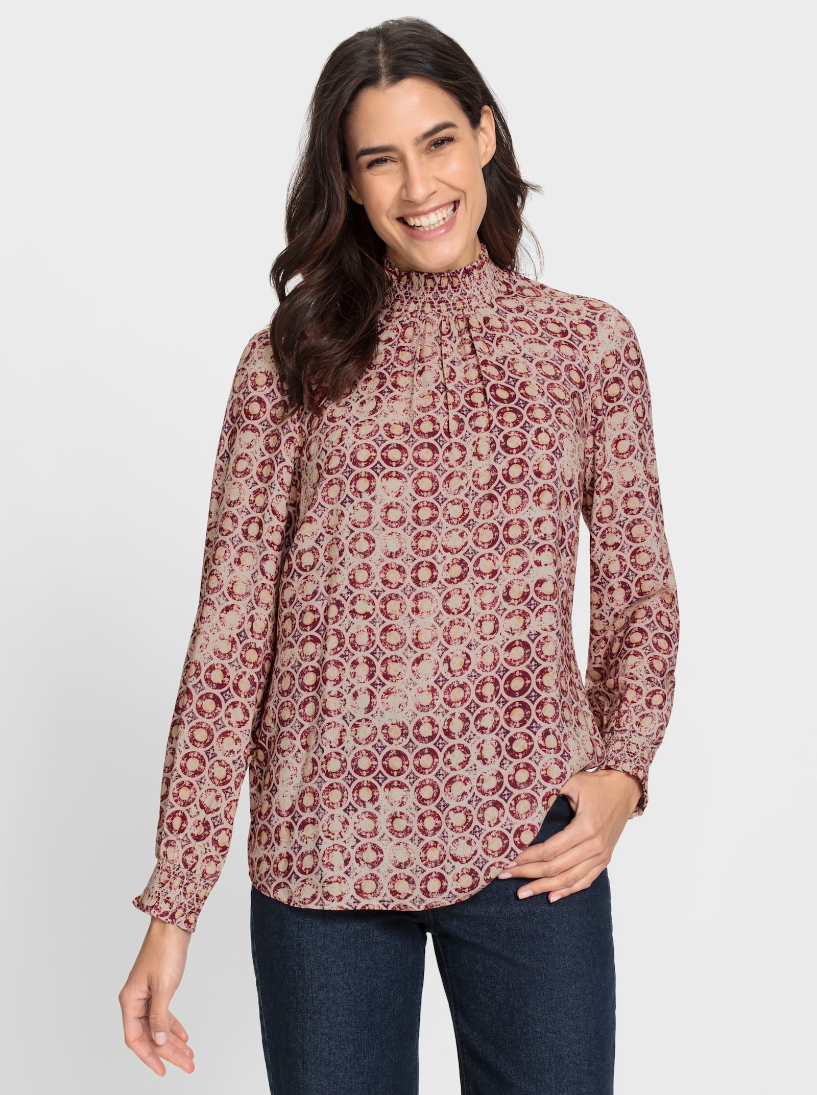 Blouse met print en sluiting in de nek - ivoor/mauve bedrukt